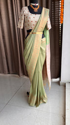 Parrot green and gold silk saree with hand worked blouse - Threads