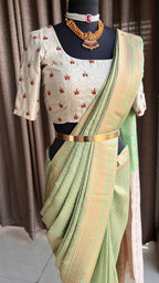 Parrot green and gold silk saree with hand worked blouse - Threads