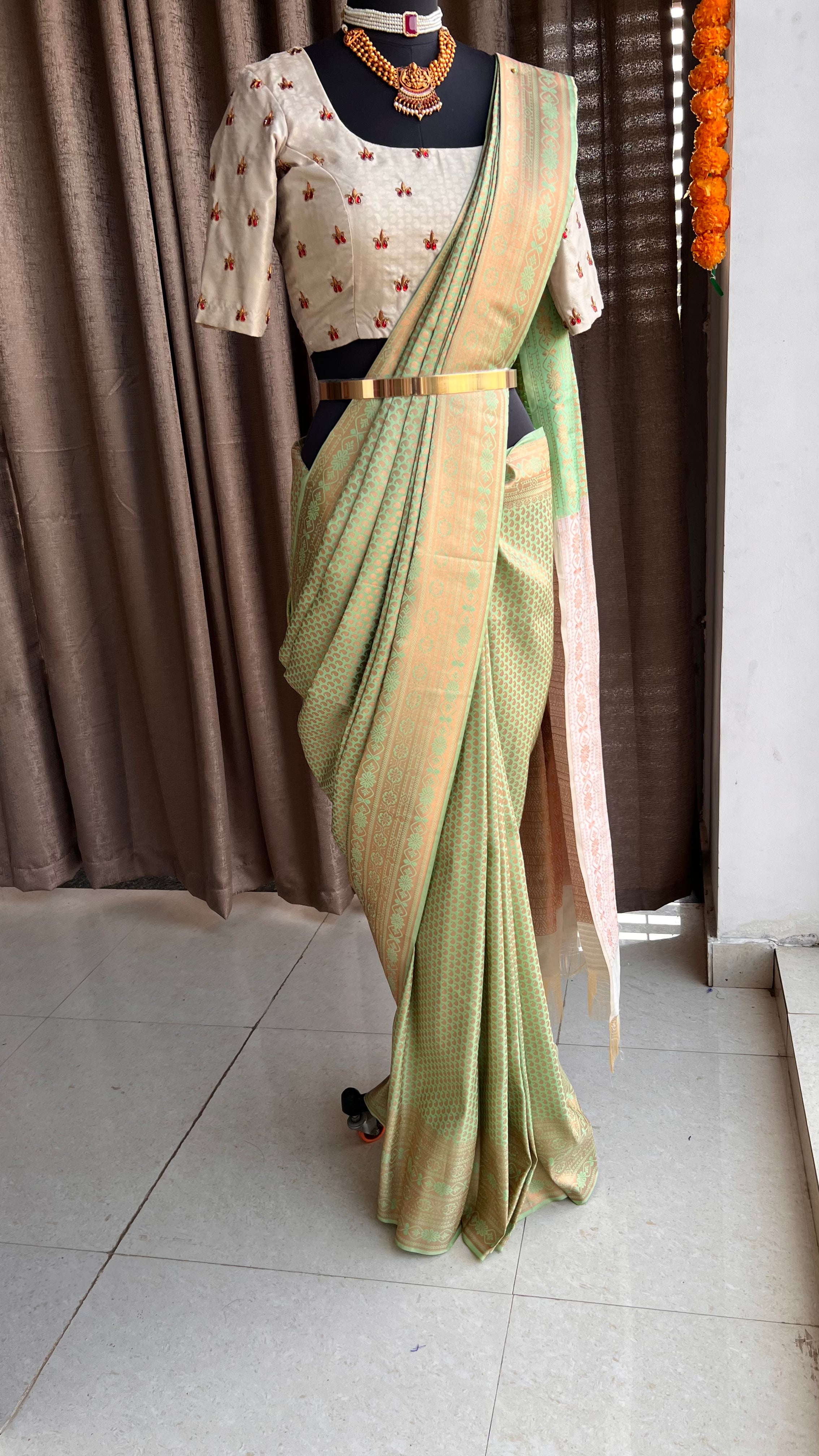 Parrot green and gold silk saree with hand worked blouse - Threads