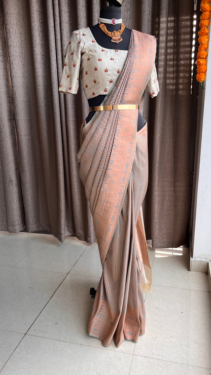 Grey and copper gold silk saree with hand worked blouse - Threads