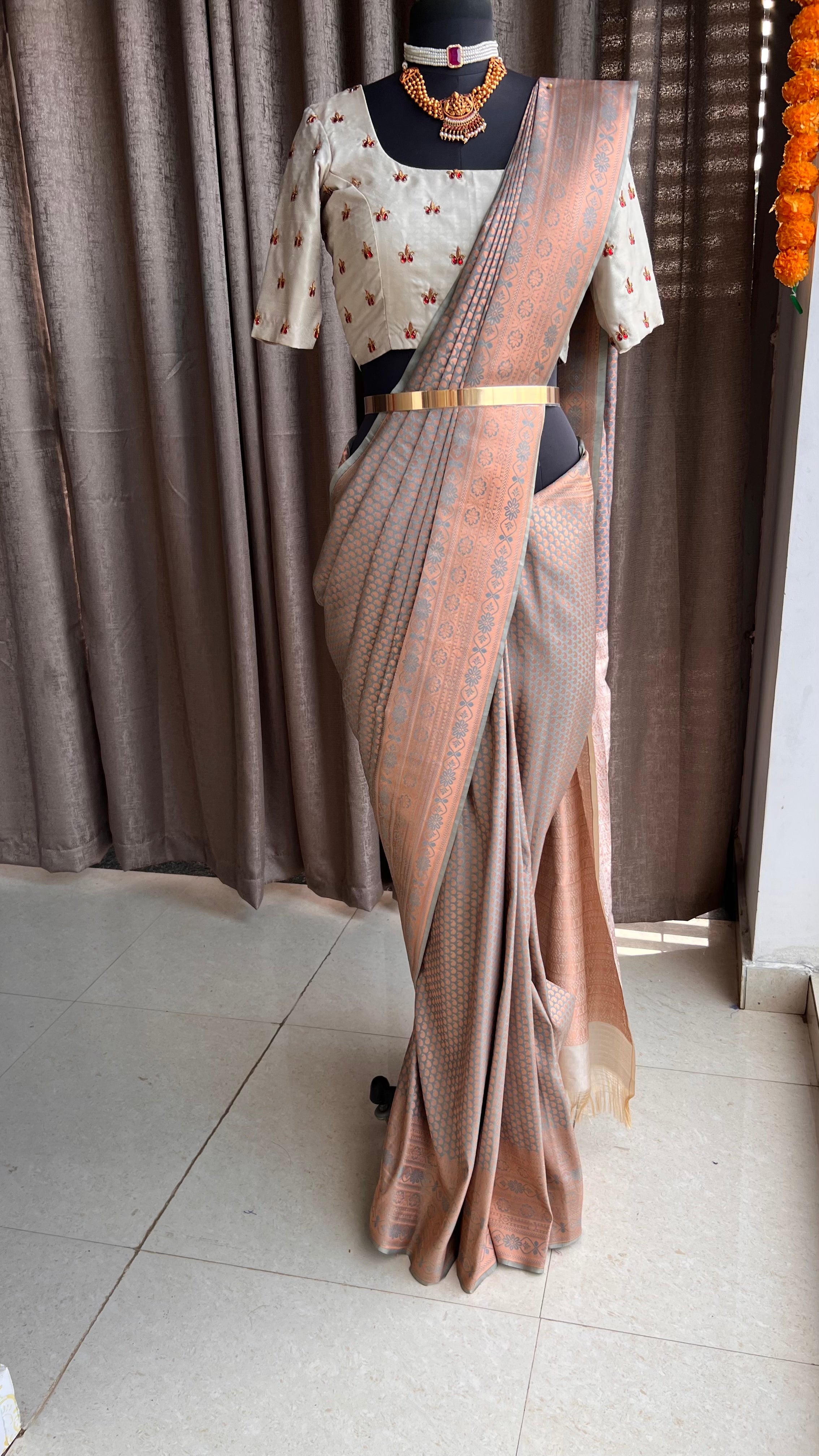Grey and copper gold silk saree with hand worked blouse - Threads