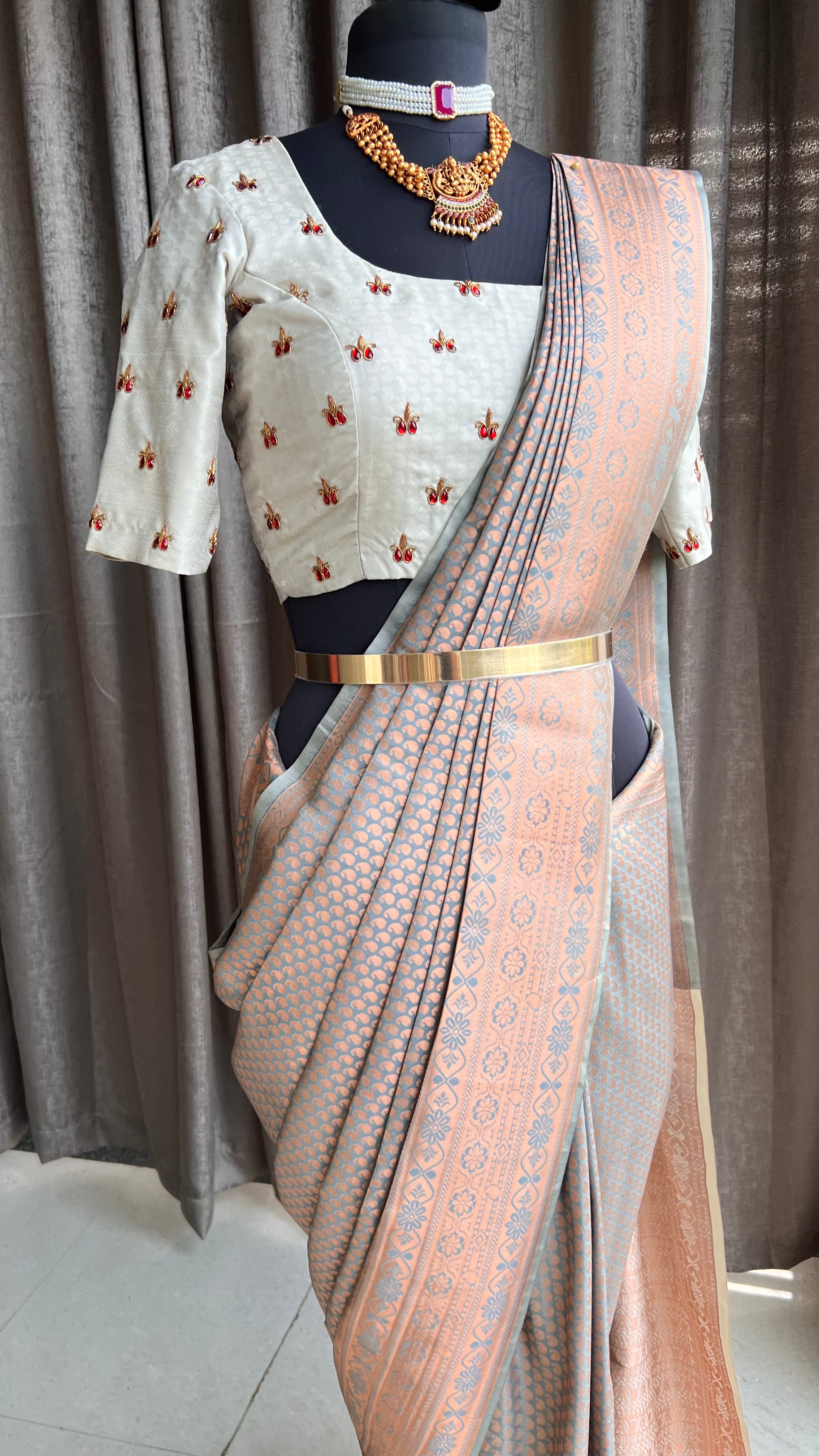 Grey and copper gold silk saree with hand worked blouse - Threads