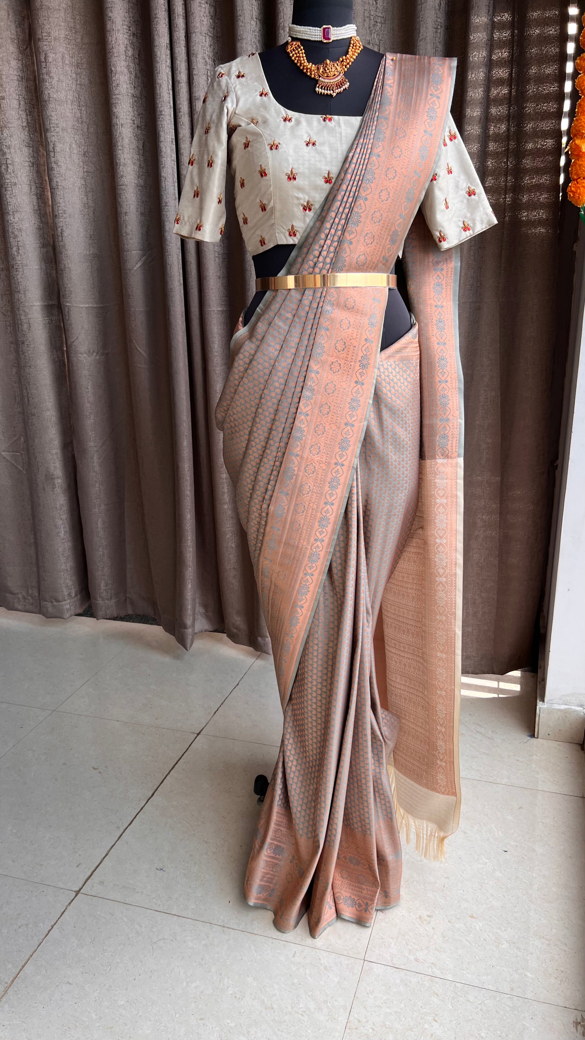 Grey and copper gold silk saree with hand worked blouse - Threads