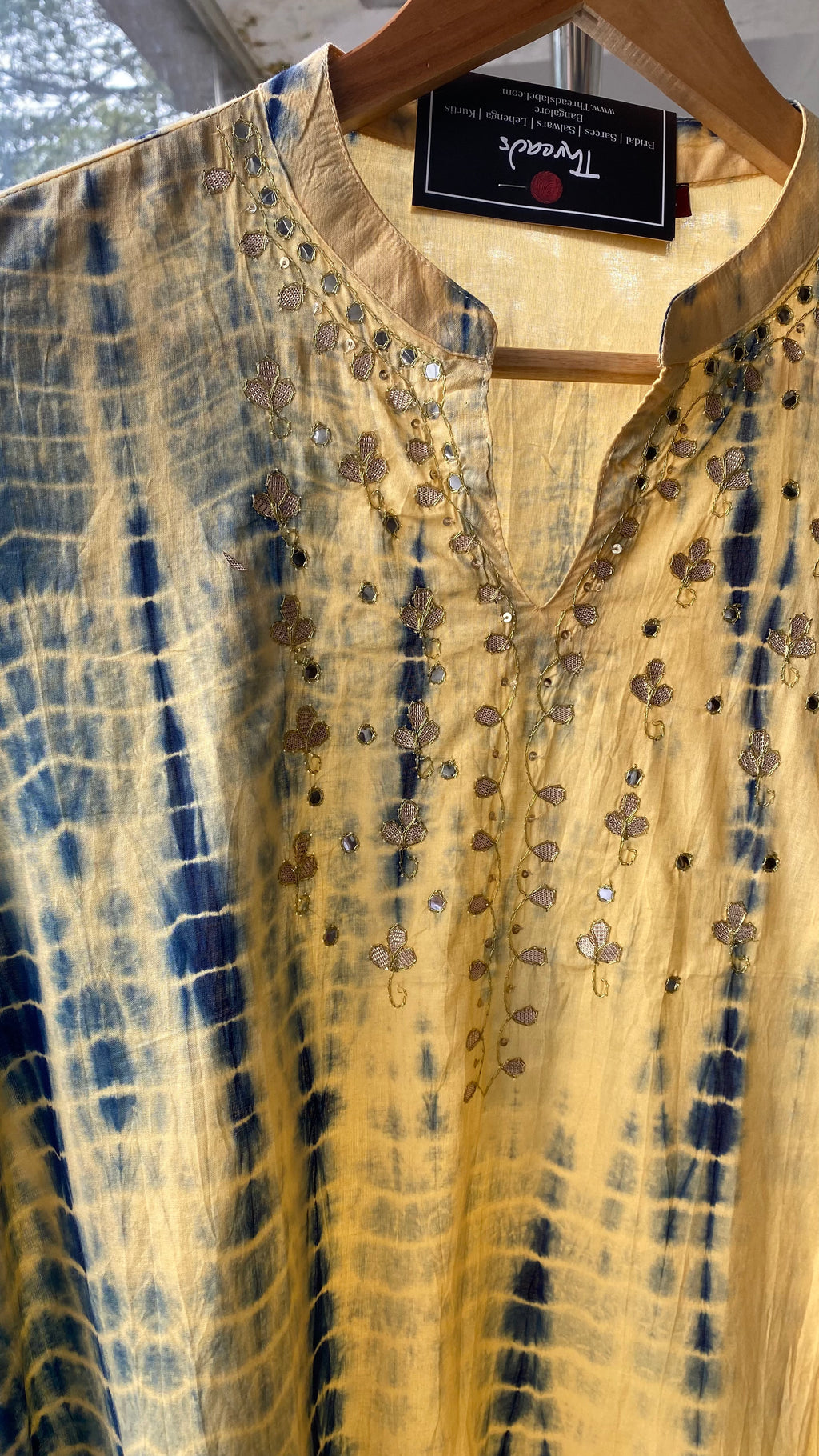 Cream and blue embroidery hand worked kurti top - Threads