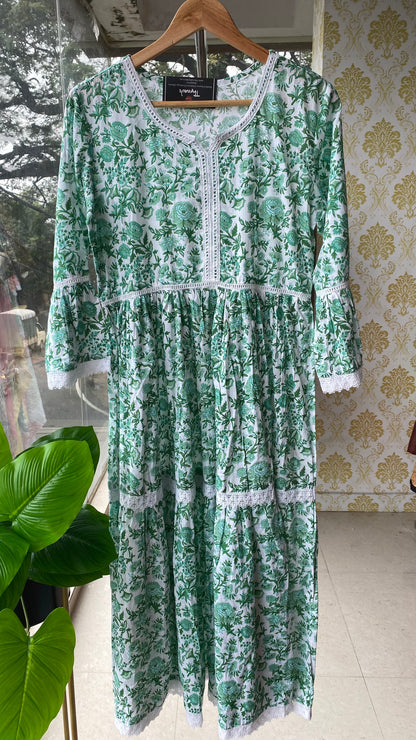 White and Green floral embroidery kurti top - Threads