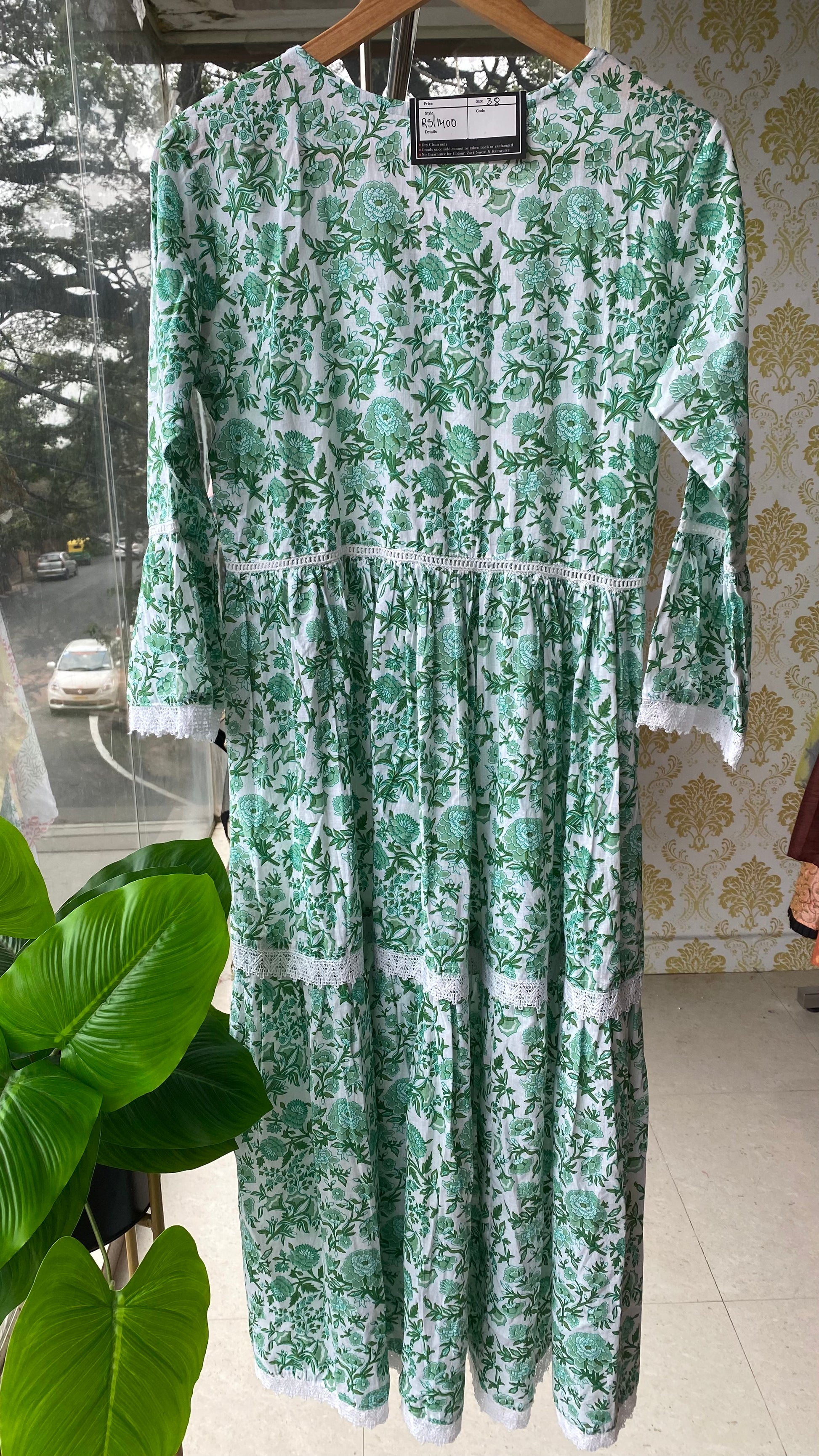 White and Green floral embroidery kurti top - Threads