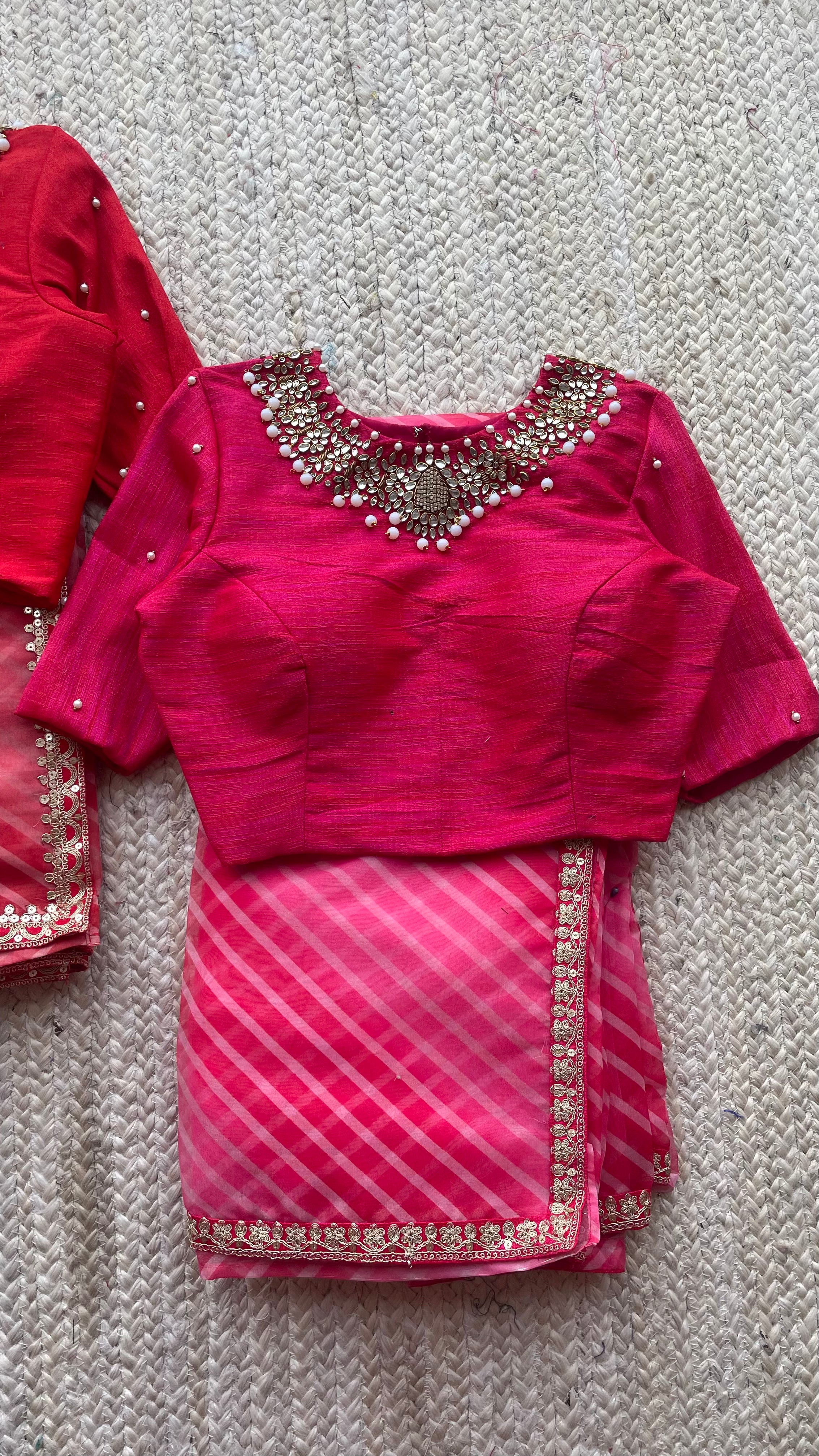 Pink silk Jewel neck intricate hand work blouse