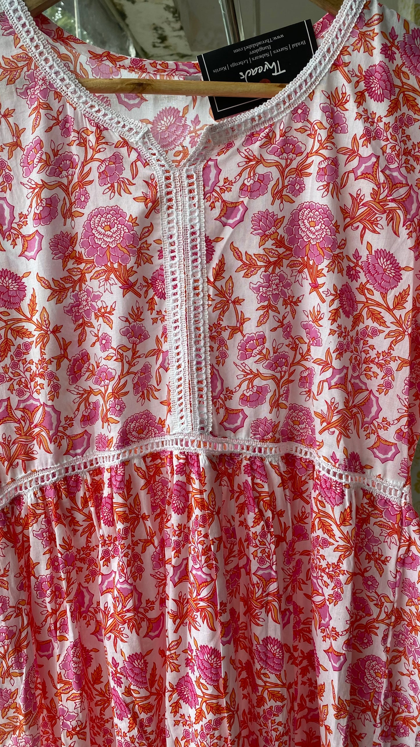 White and pink floral embroidery kurti top - Threads
