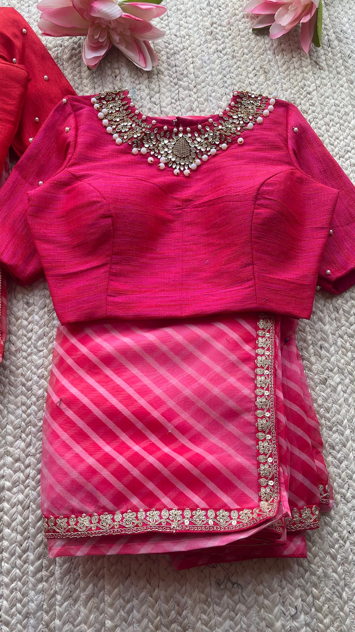 Pink silk Jewel neck intricate hand work blouse