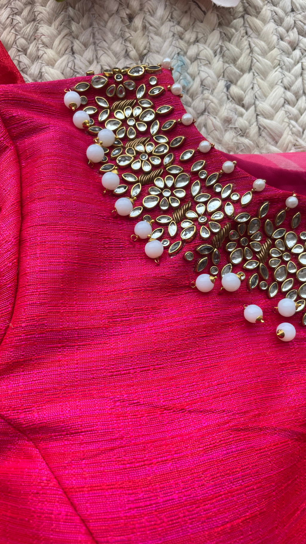 Pink silk Jewel neck intricate hand work blouse