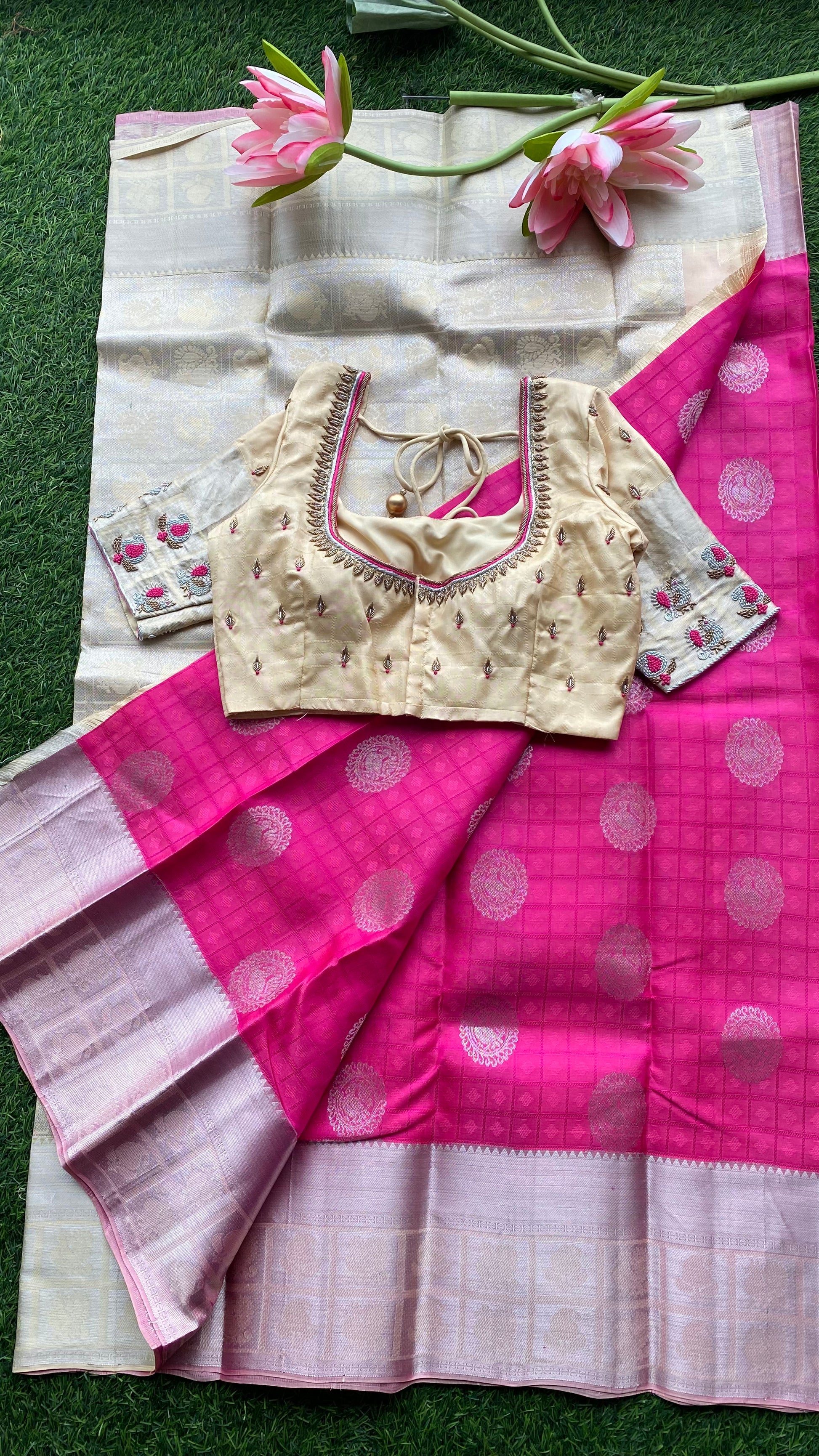 Pink and cream kanchipuram silk saree with hand worked blouse - Threads