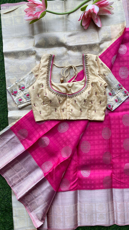 Pink and cream kanchipuram silk saree with hand worked blouse - Threads