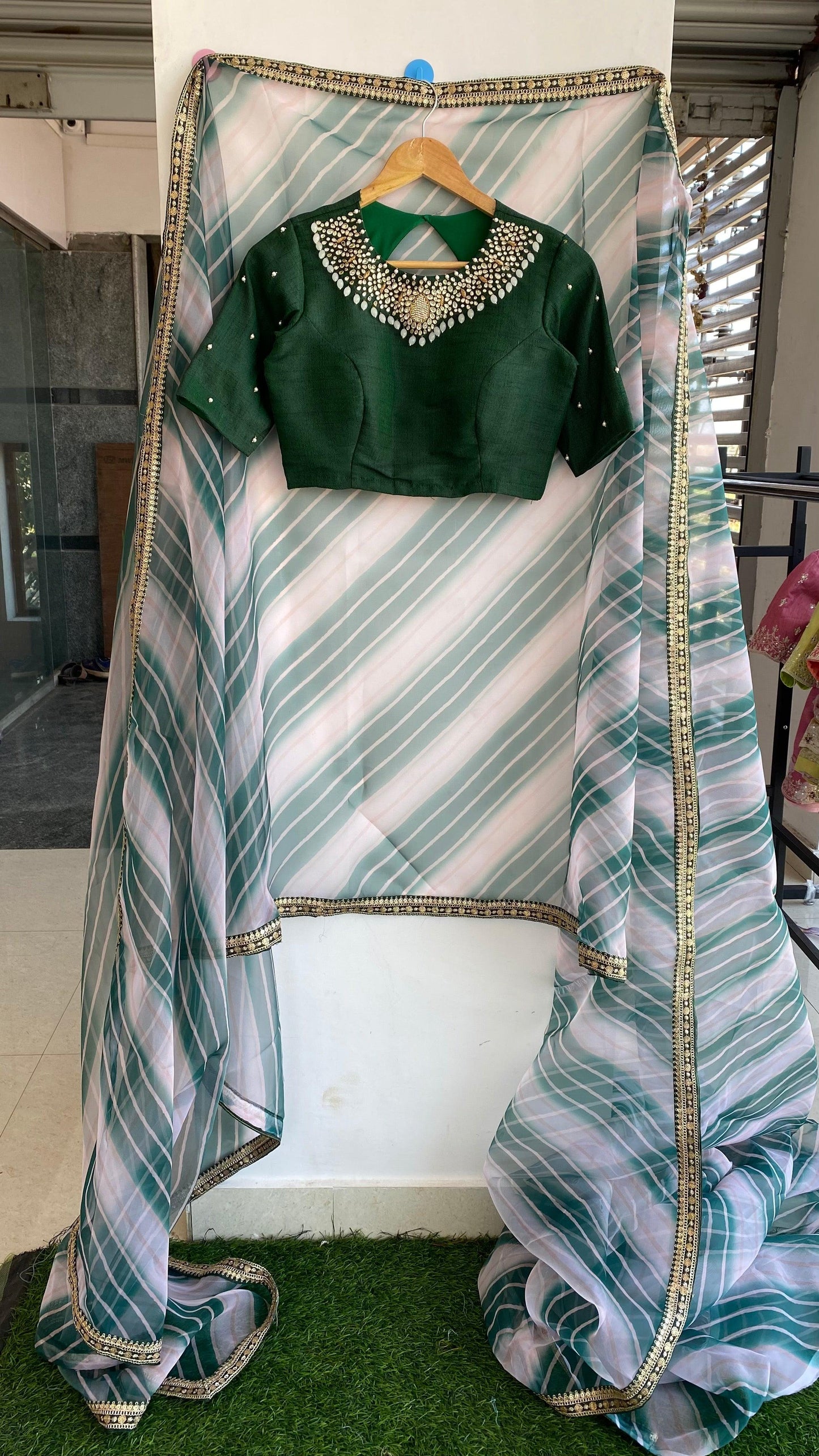 Green Jewel Neck Blouse with organza Saree - Threads