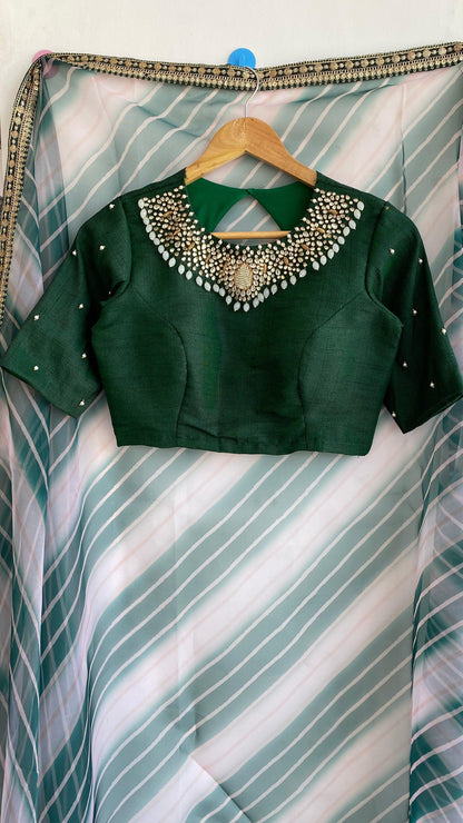 Green Jewel Neck Blouse with organza Saree - Threads