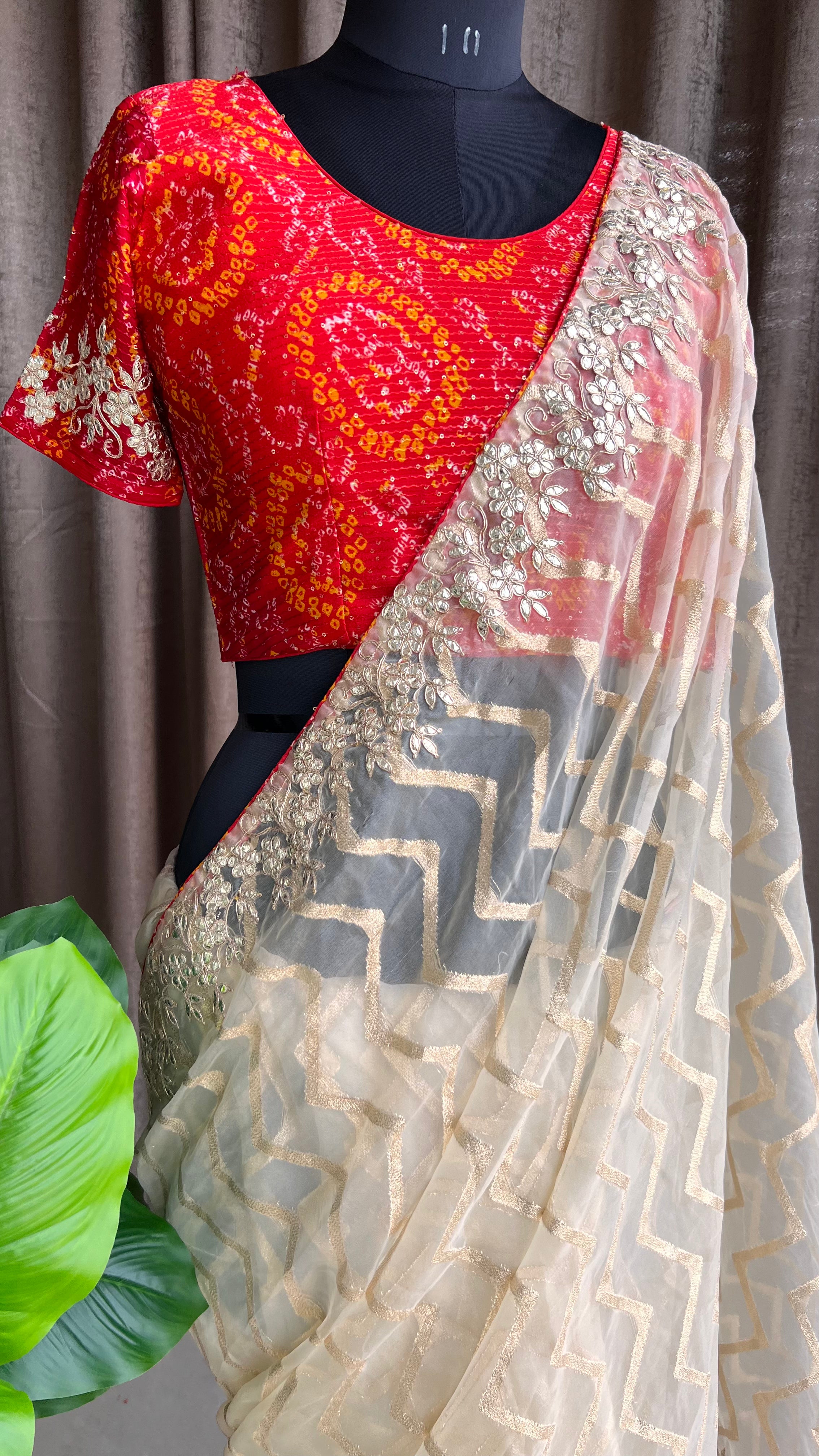 Cream organza saree with chiffon embroidery blouse - Threads