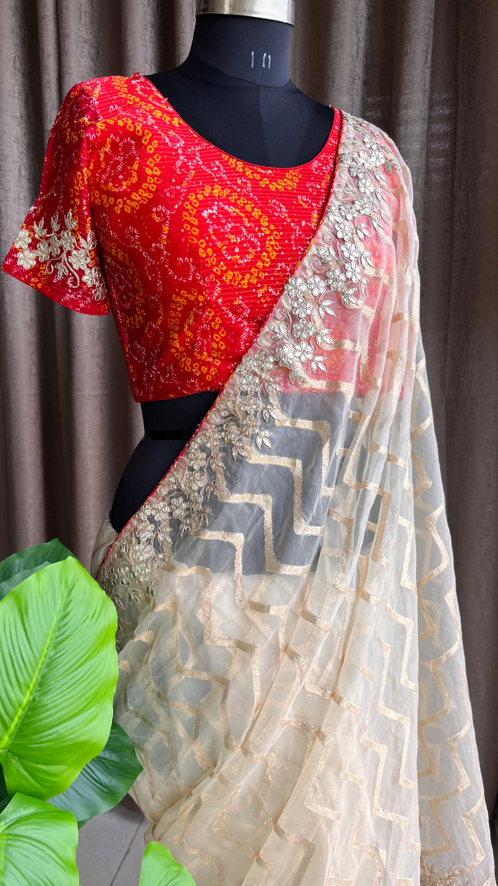 Cream organza saree with chiffon embroidery blouse - Threads