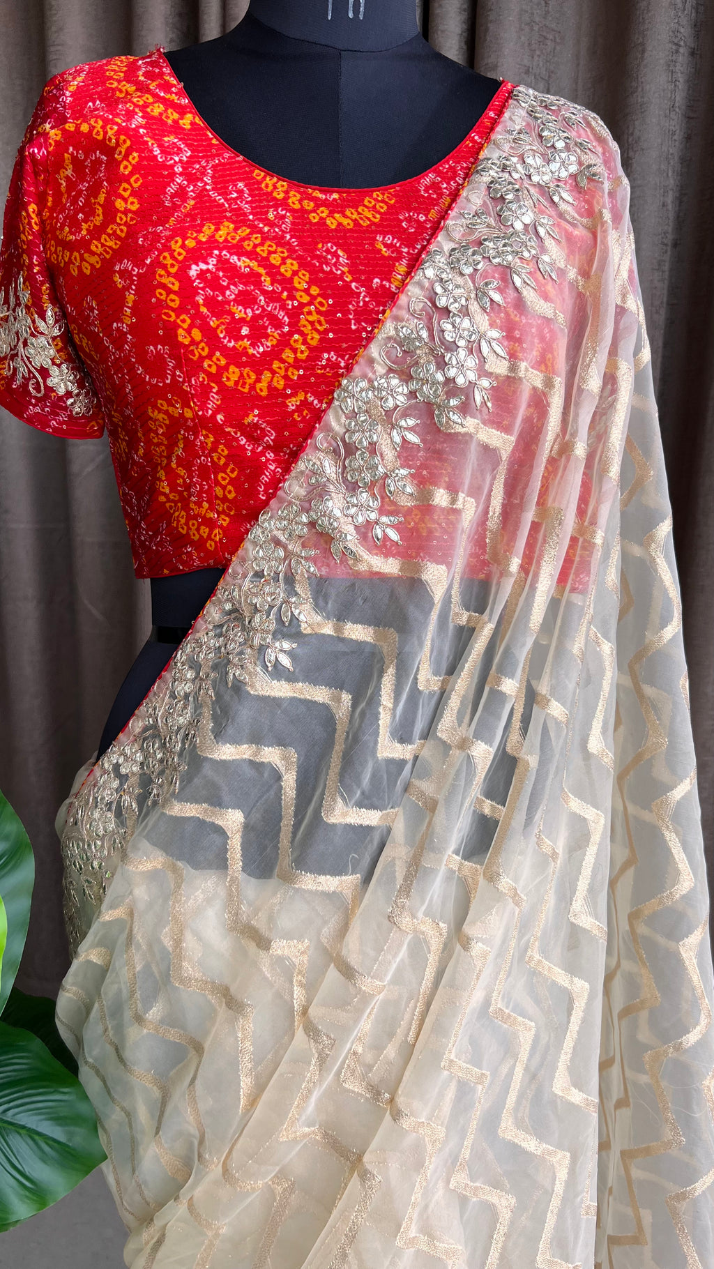 Cream organza saree with chiffon embroidery blouse - Threads