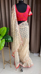 Cream organza saree with chiffon embroidery blouse - Threads