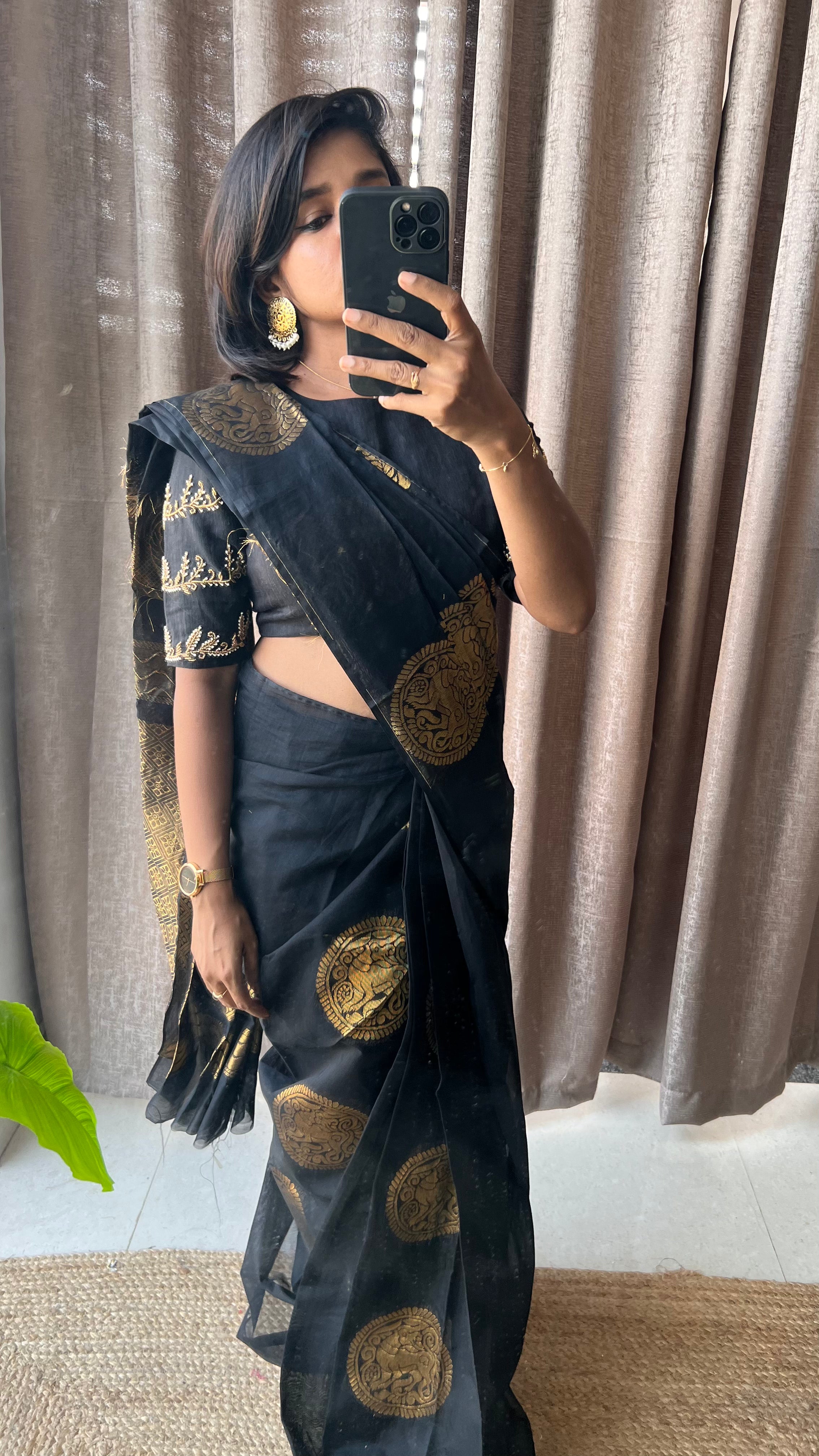 Black and gold chanderi silk saree with Aari worked blouse - Threads