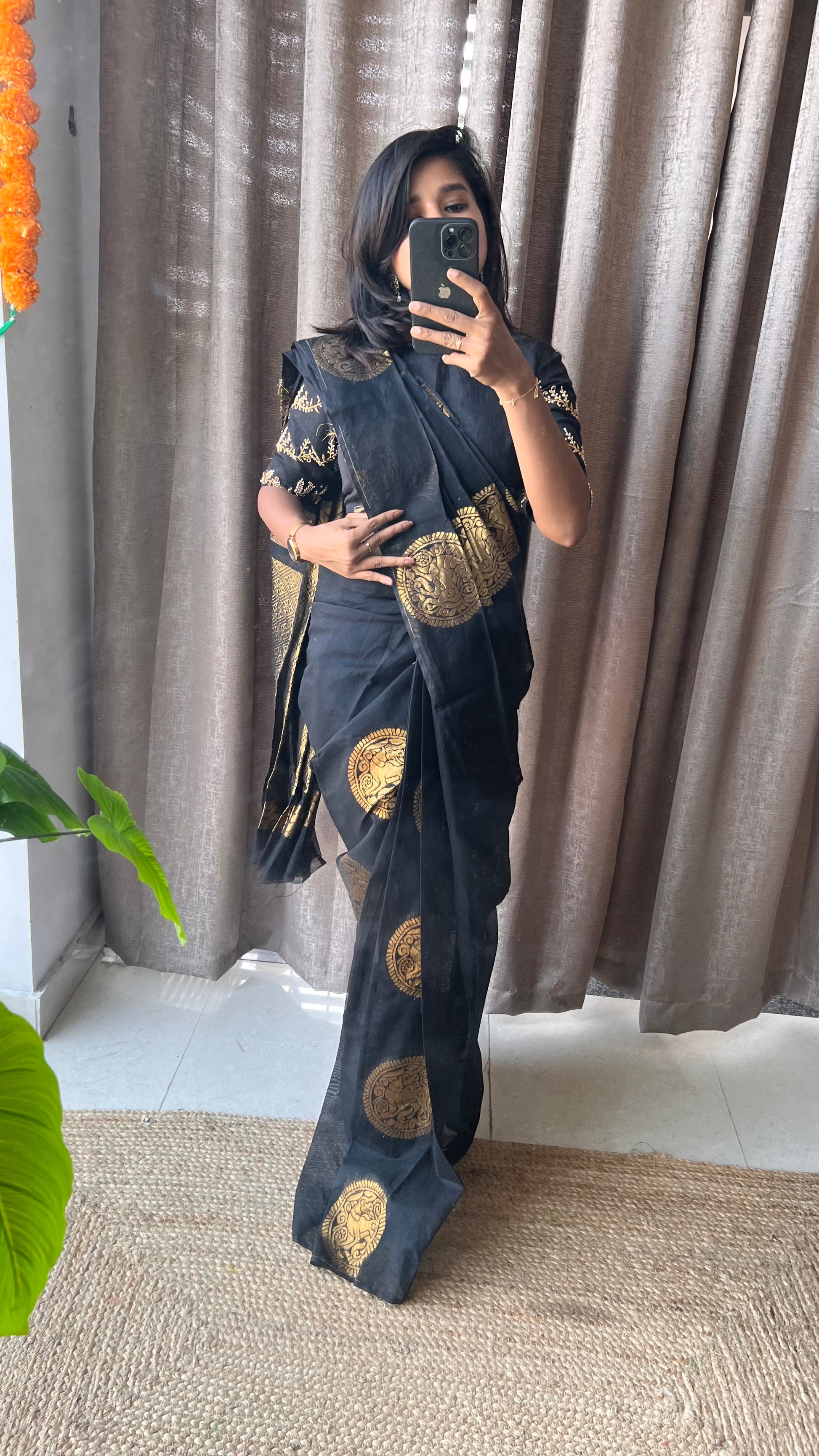 Black and gold chanderi silk saree with Aari worked blouse - Threads