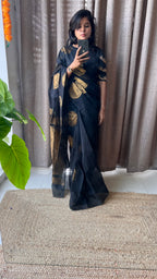 Black and gold chanderi silk saree with Aari worked blouse - Threads