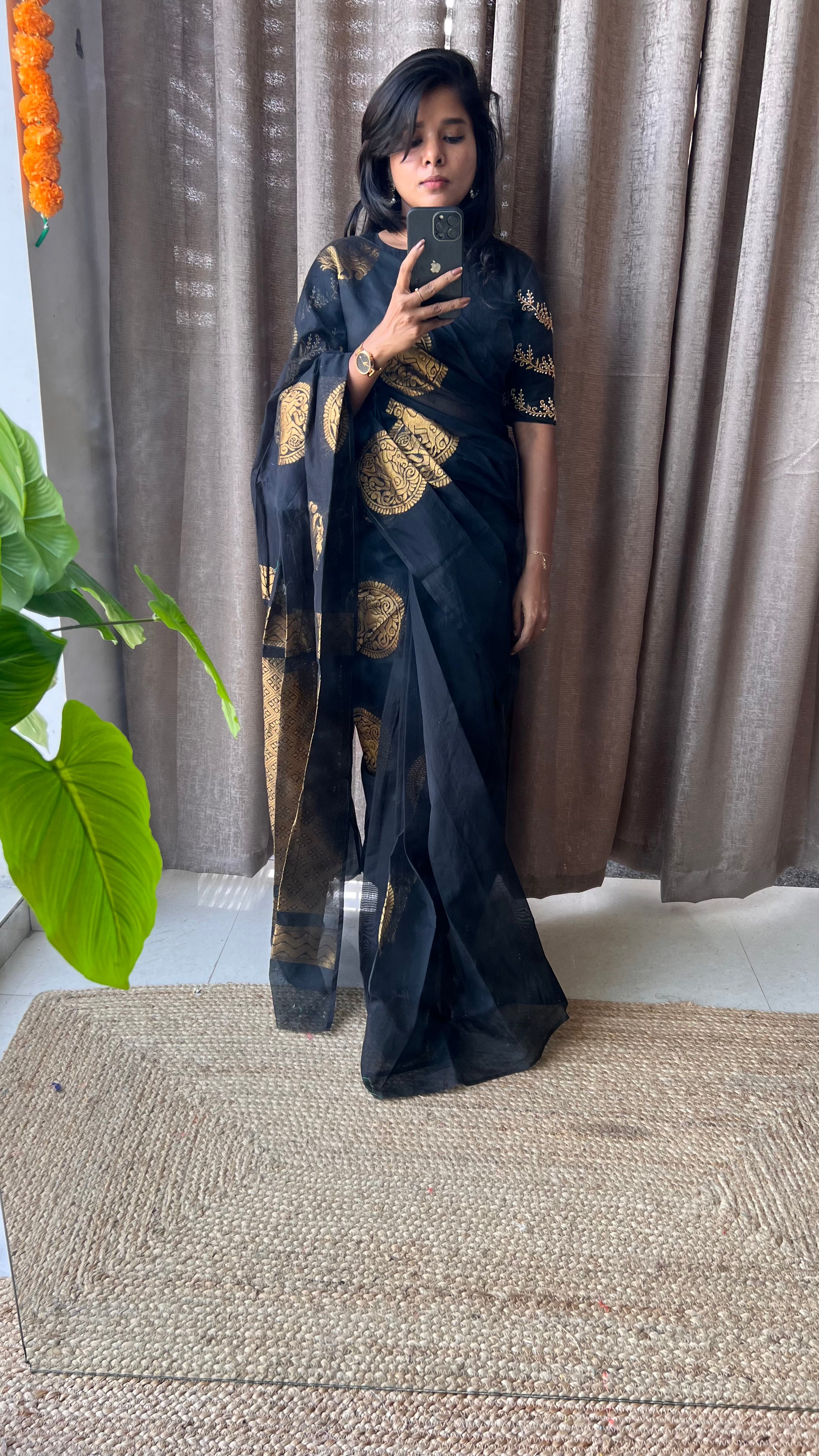 Black and gold chanderi silk saree with Aari worked blouse - Threads