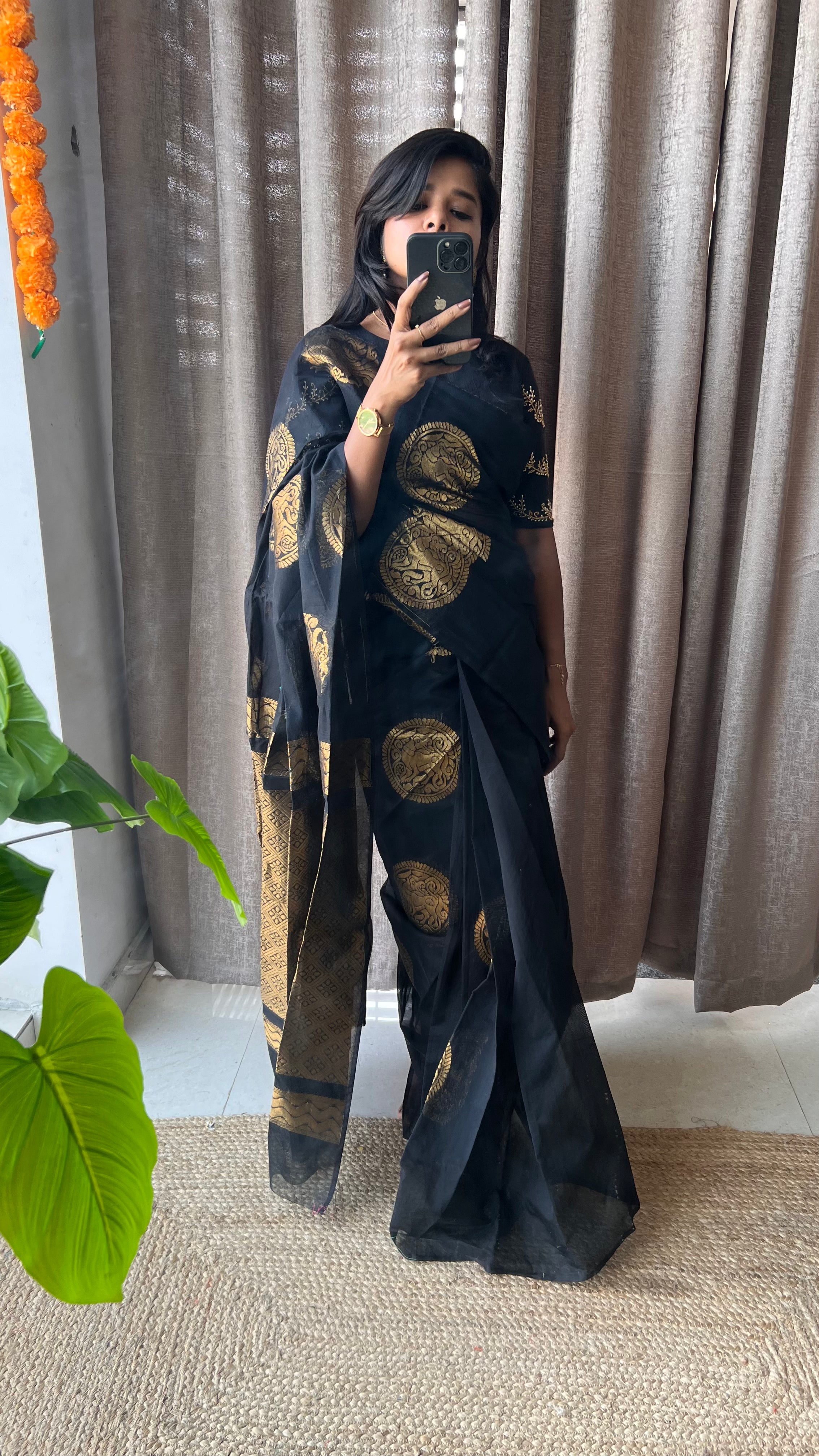 Black and gold chanderi silk saree with Aari worked blouse - Threads