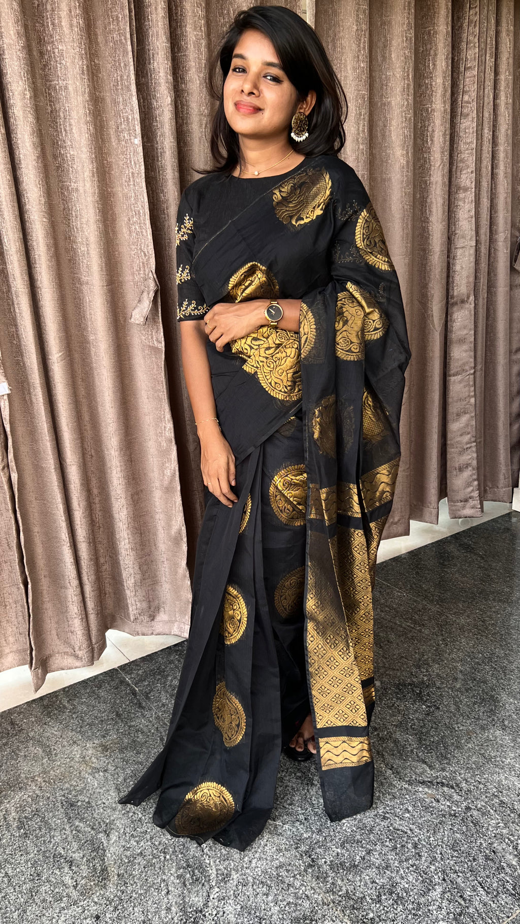 Black and gold chanderi silk saree with Aari worked blouse - Threads