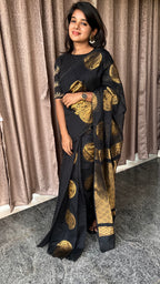Black and gold chanderi silk saree with Aari worked blouse - Threads