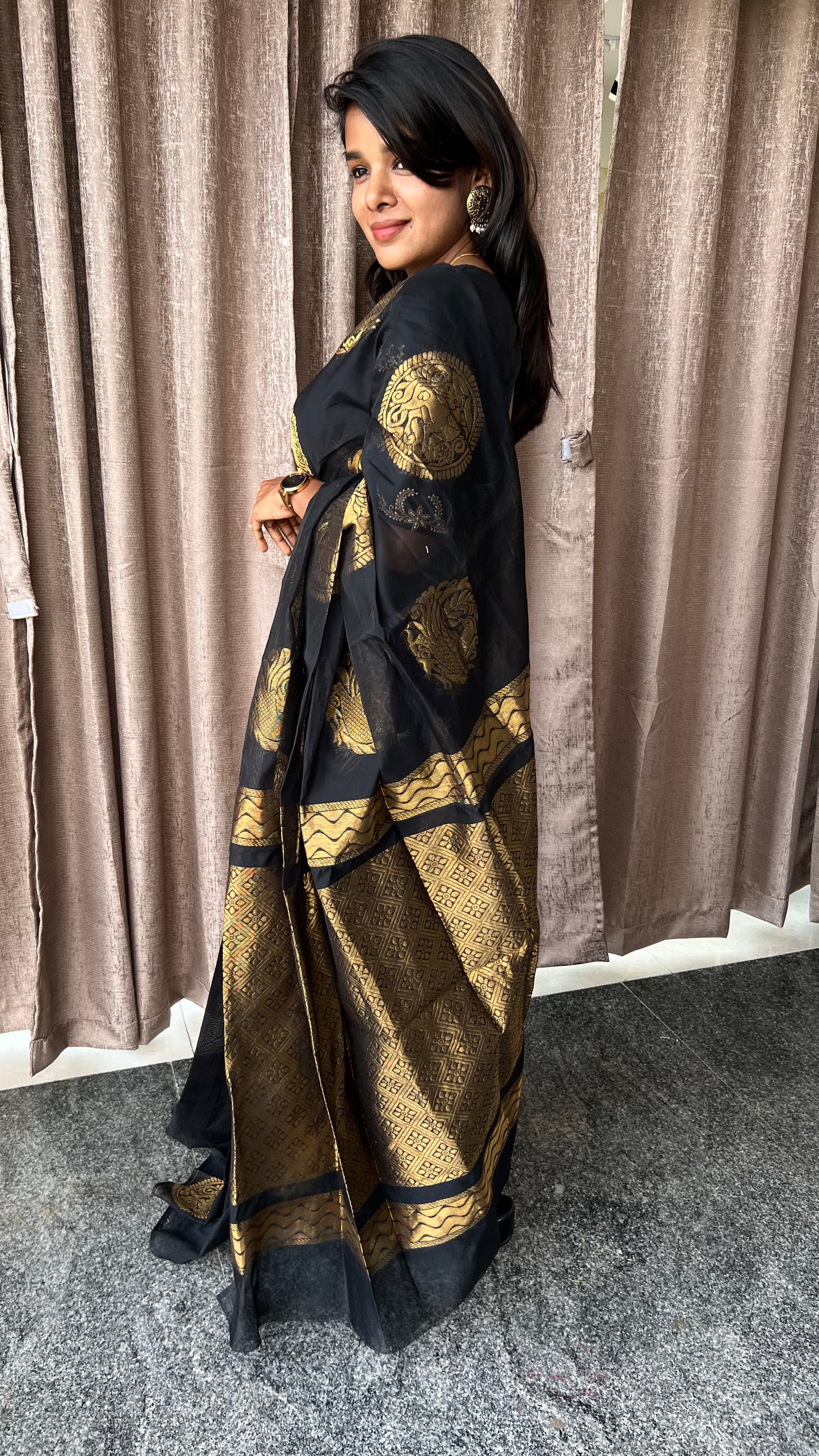 Black and gold chanderi silk saree with Aari worked blouse - Threads