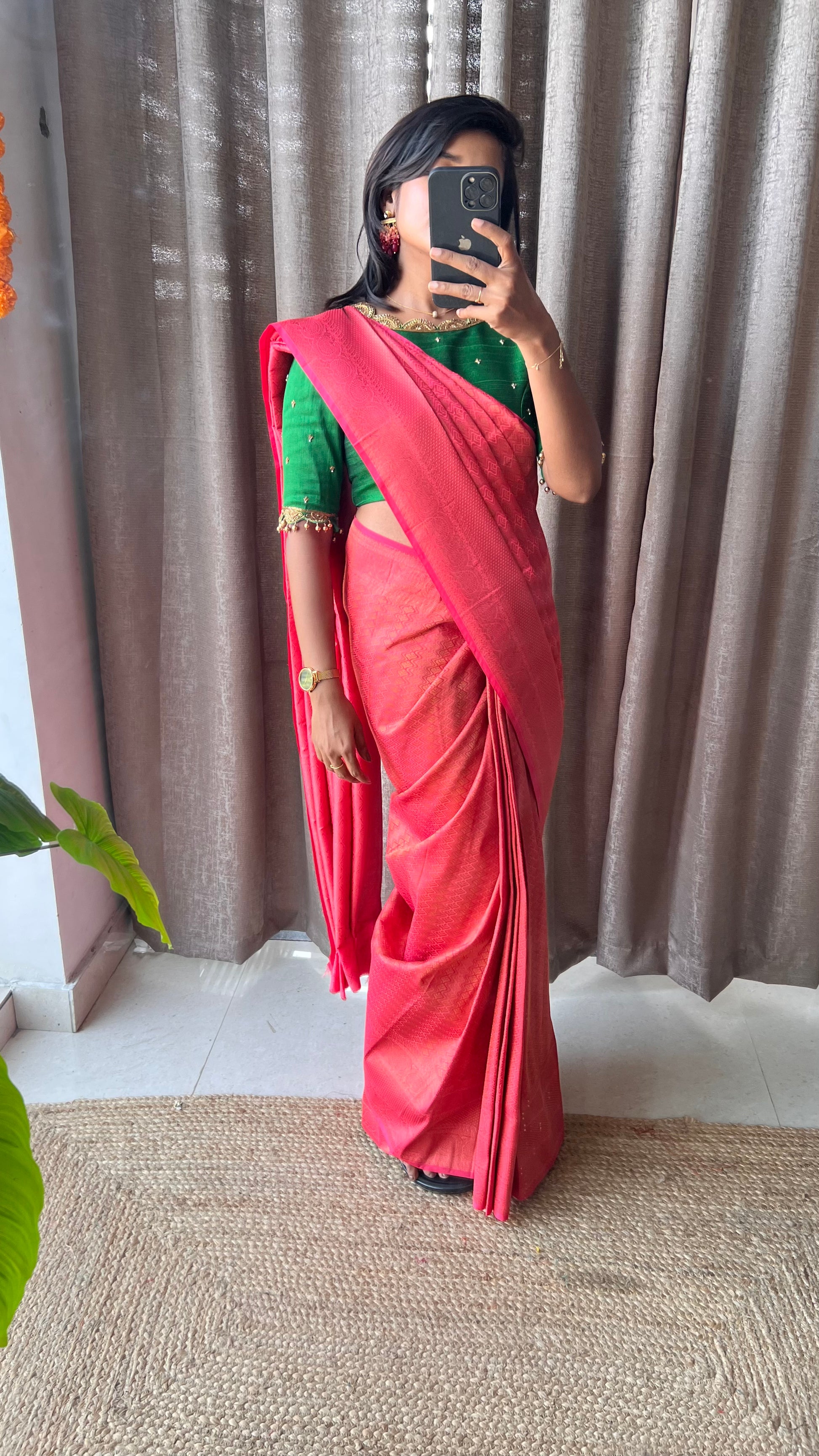 Orange and green soft silk saree with aari worked blouse - Threads