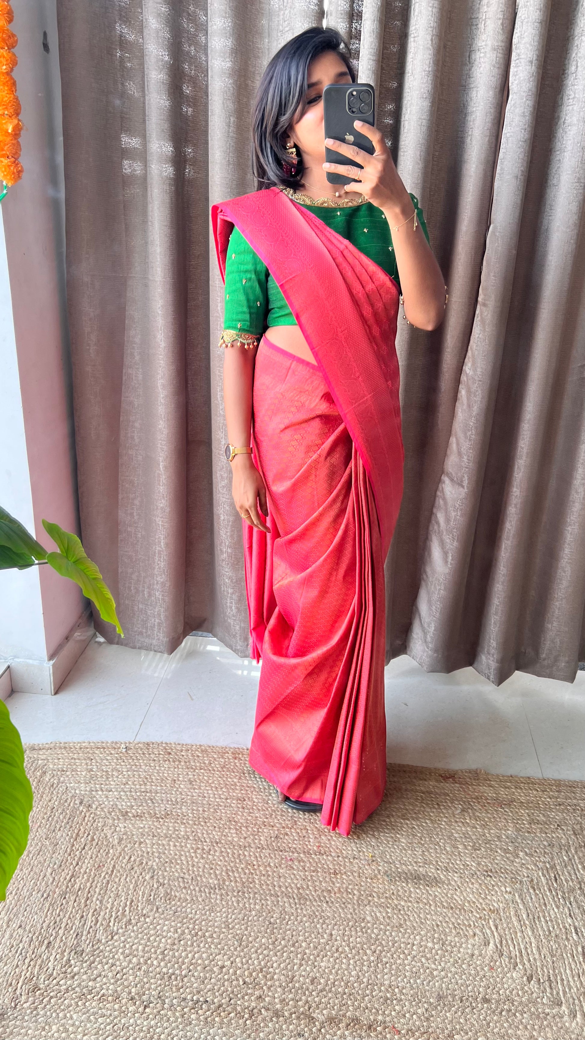 Orange and green soft silk saree with aari worked blouse - Threads