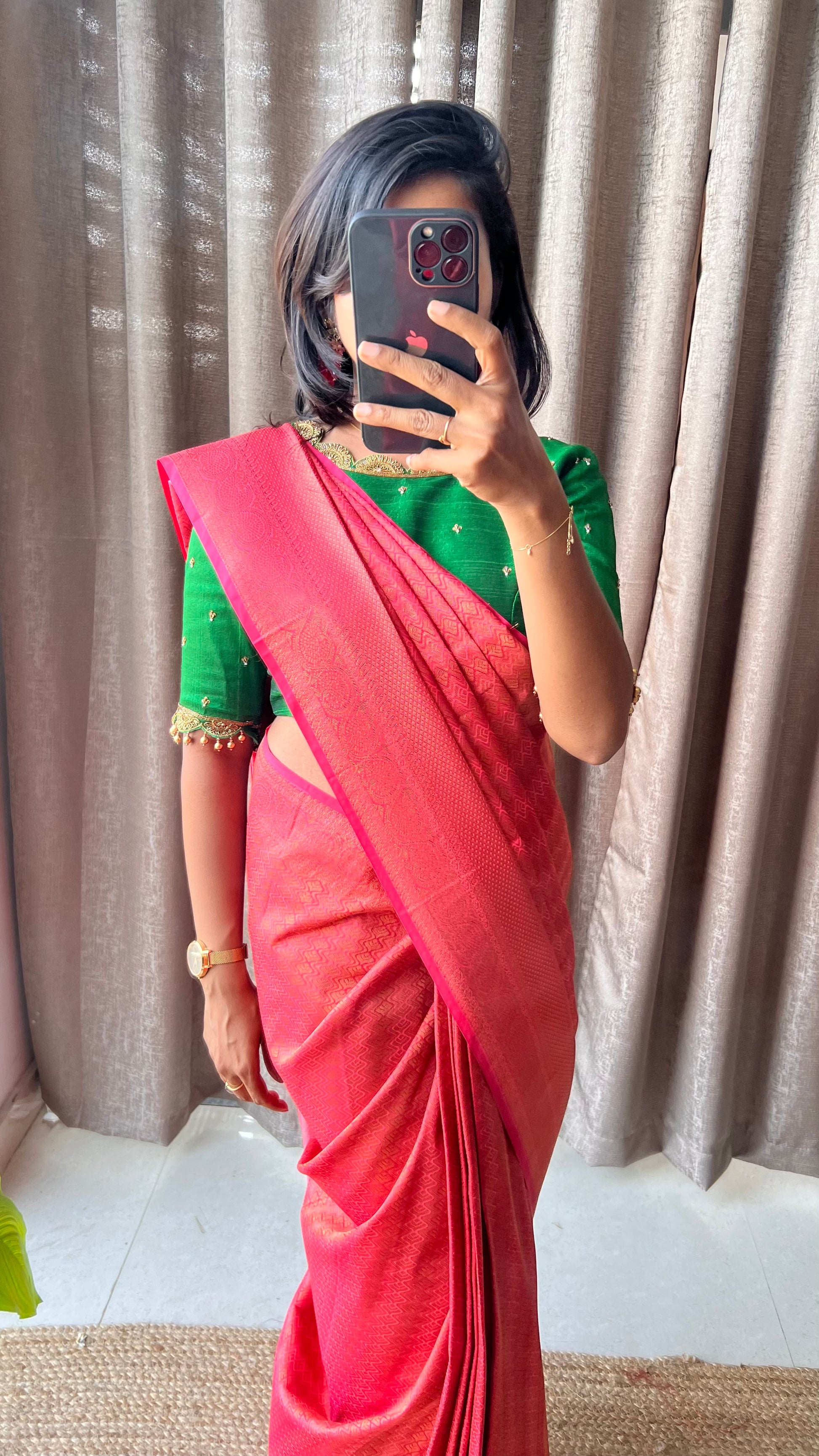 Free full draping )Orange and green soft silk saree with aari