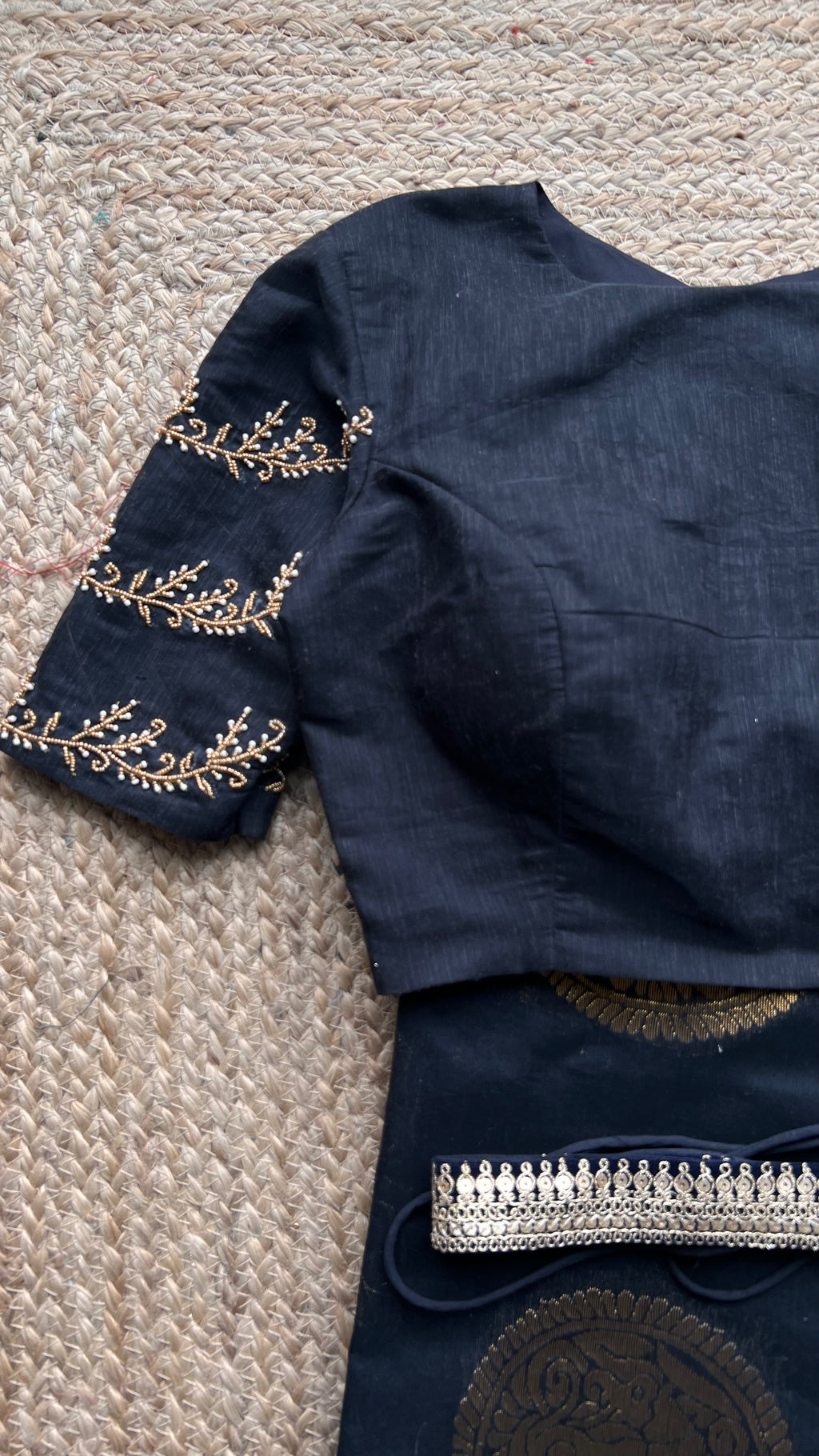 Black and gold chanderi silk saree with Aari worked blouse - Threads