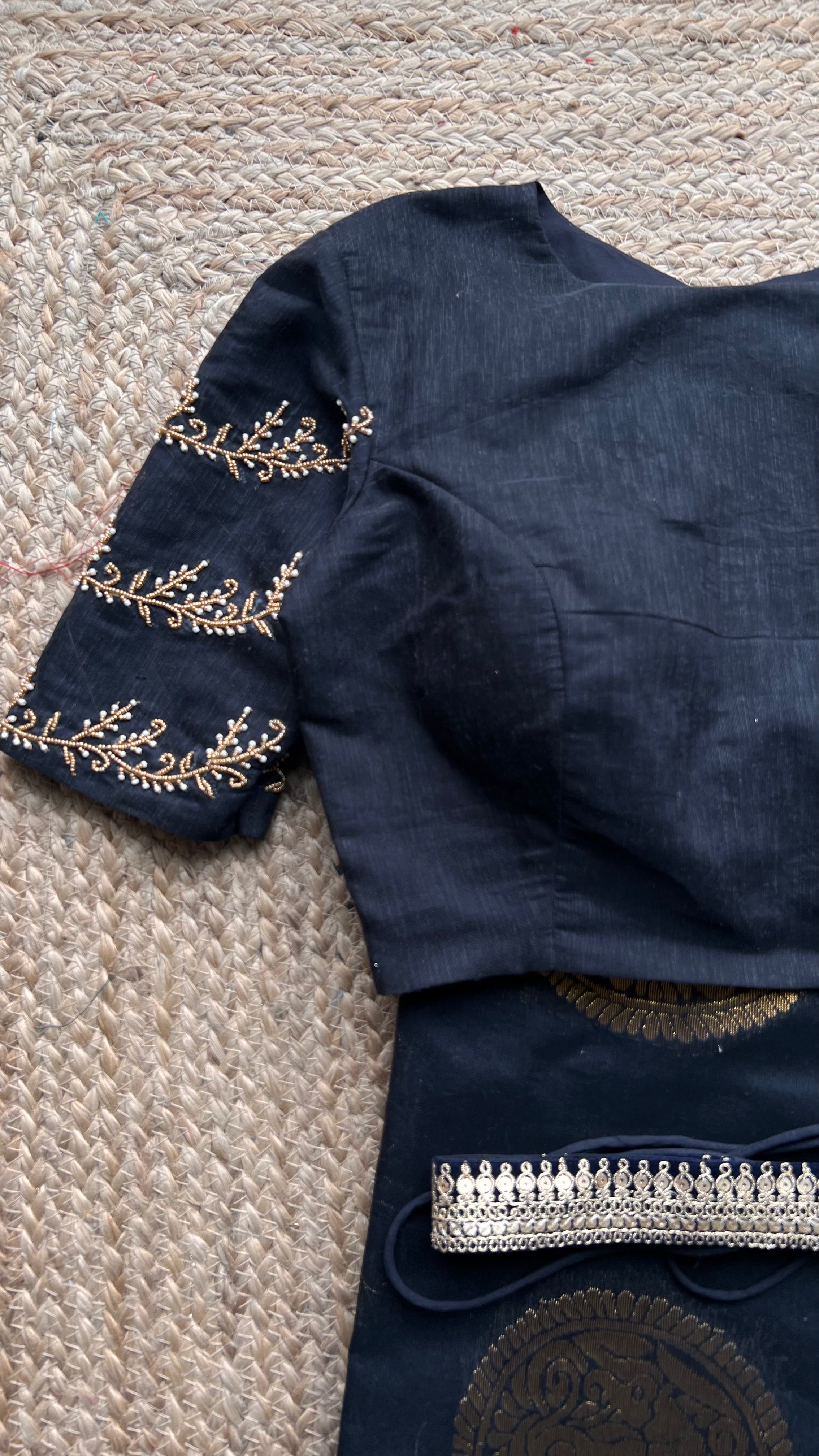 Black and gold chanderi silk saree with Aari worked blouse - Threads