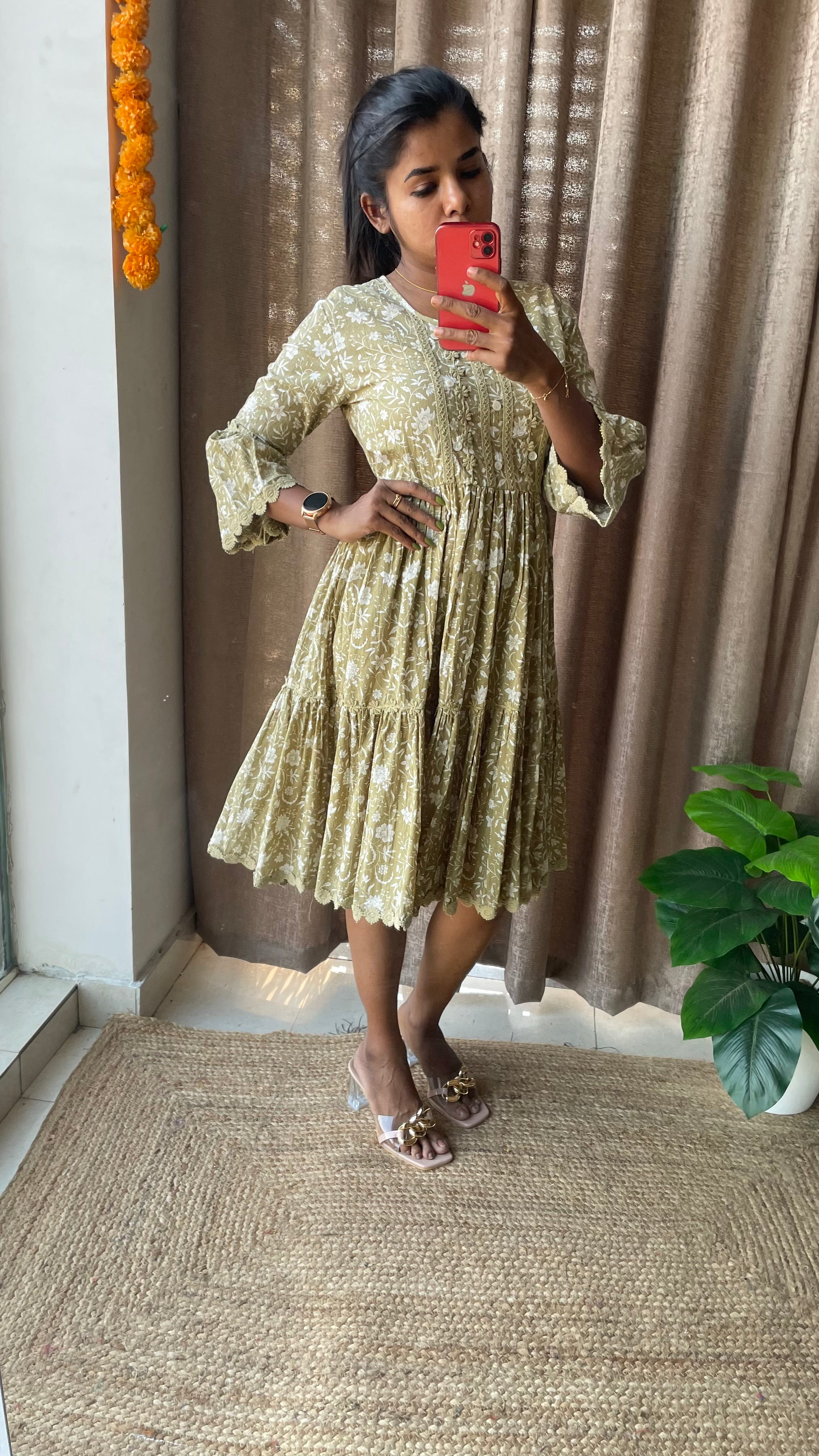 Light green Cotton printed embroidery short kurti top
