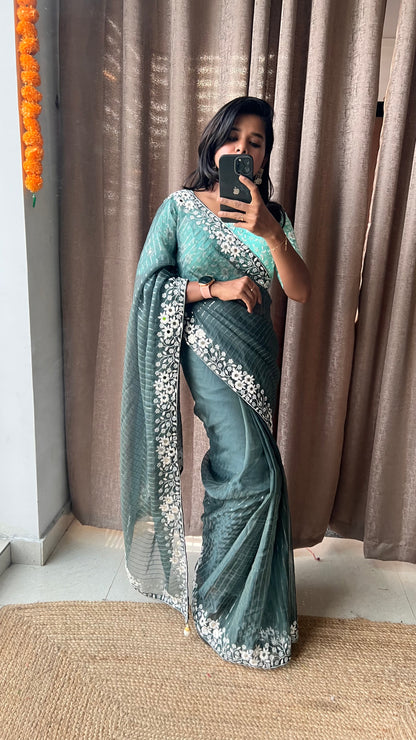 Green and green organza saree with embroidery hand worked blouse - Threads