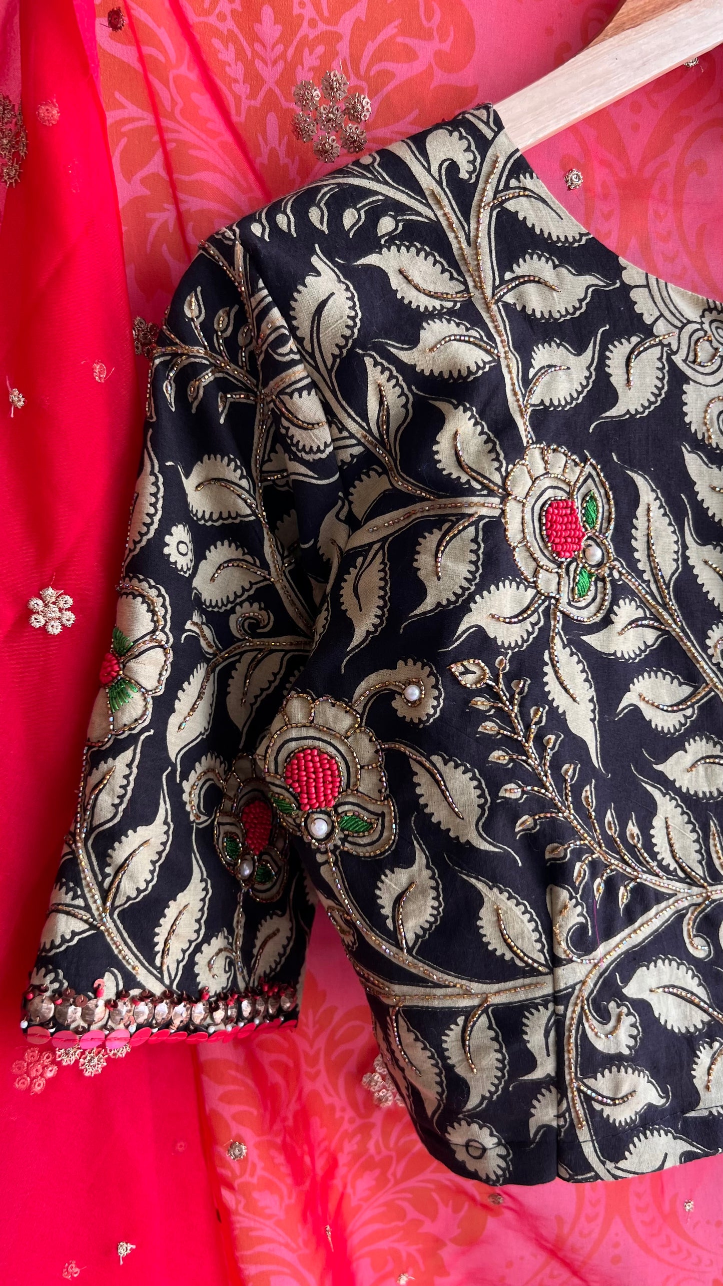 Red organza saree with kalamkari embroidery blouse - Threads