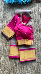 Beige and Pink kanchipuram silk saree with hand worked blouse - Threads