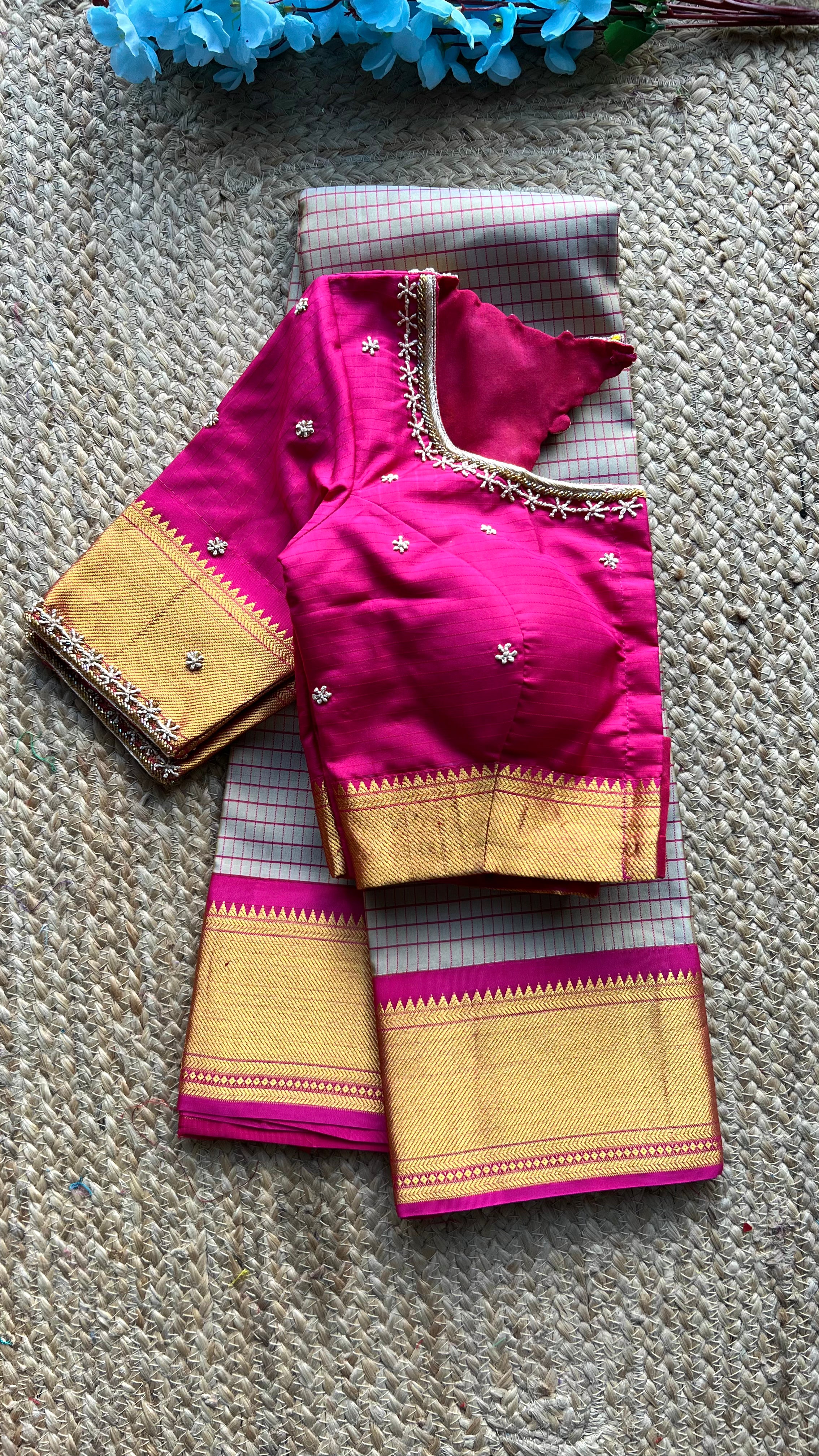 Beige and Pink kanchipuram silk saree with hand worked blouse - Threads