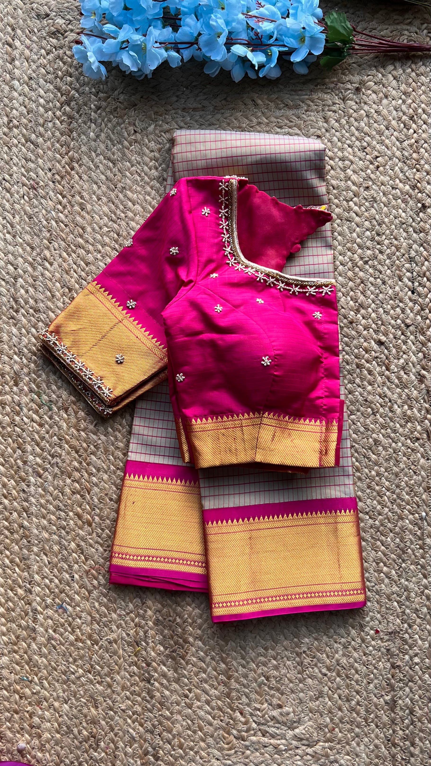 Beige and Pink kanchipuram silk saree with hand worked blouse - Threads