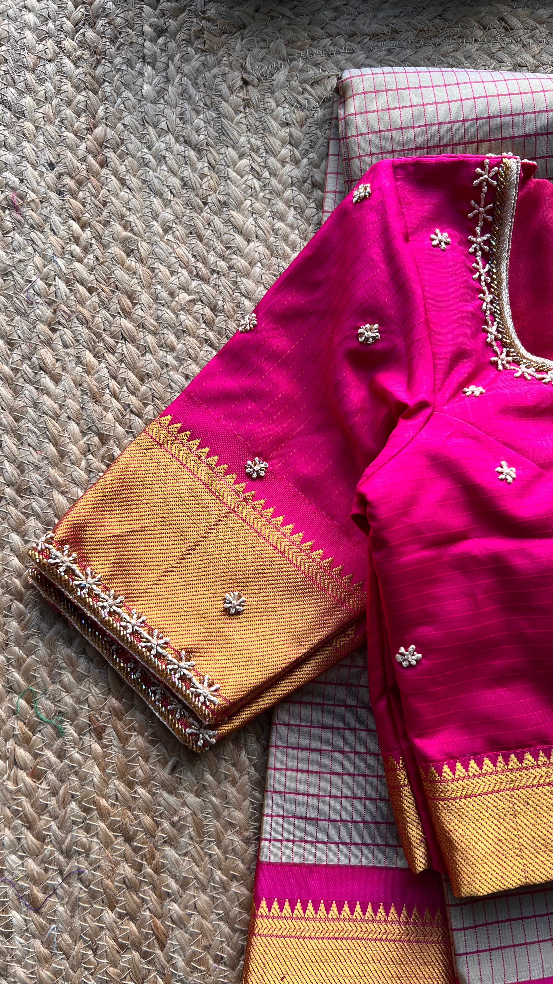 Beige and Pink kanchipuram silk saree with hand worked blouse - Threads