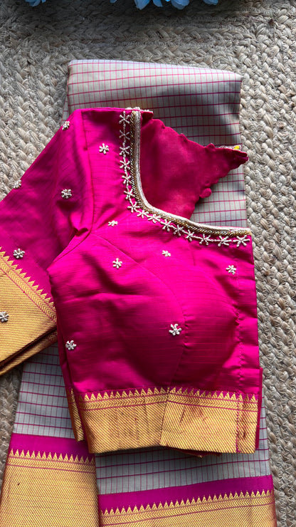 Beige and Pink kanchipuram silk saree with hand worked blouse - Threads