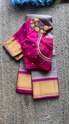 Beige and Pink kanchipuram silk saree with hand worked blouse - Threads
