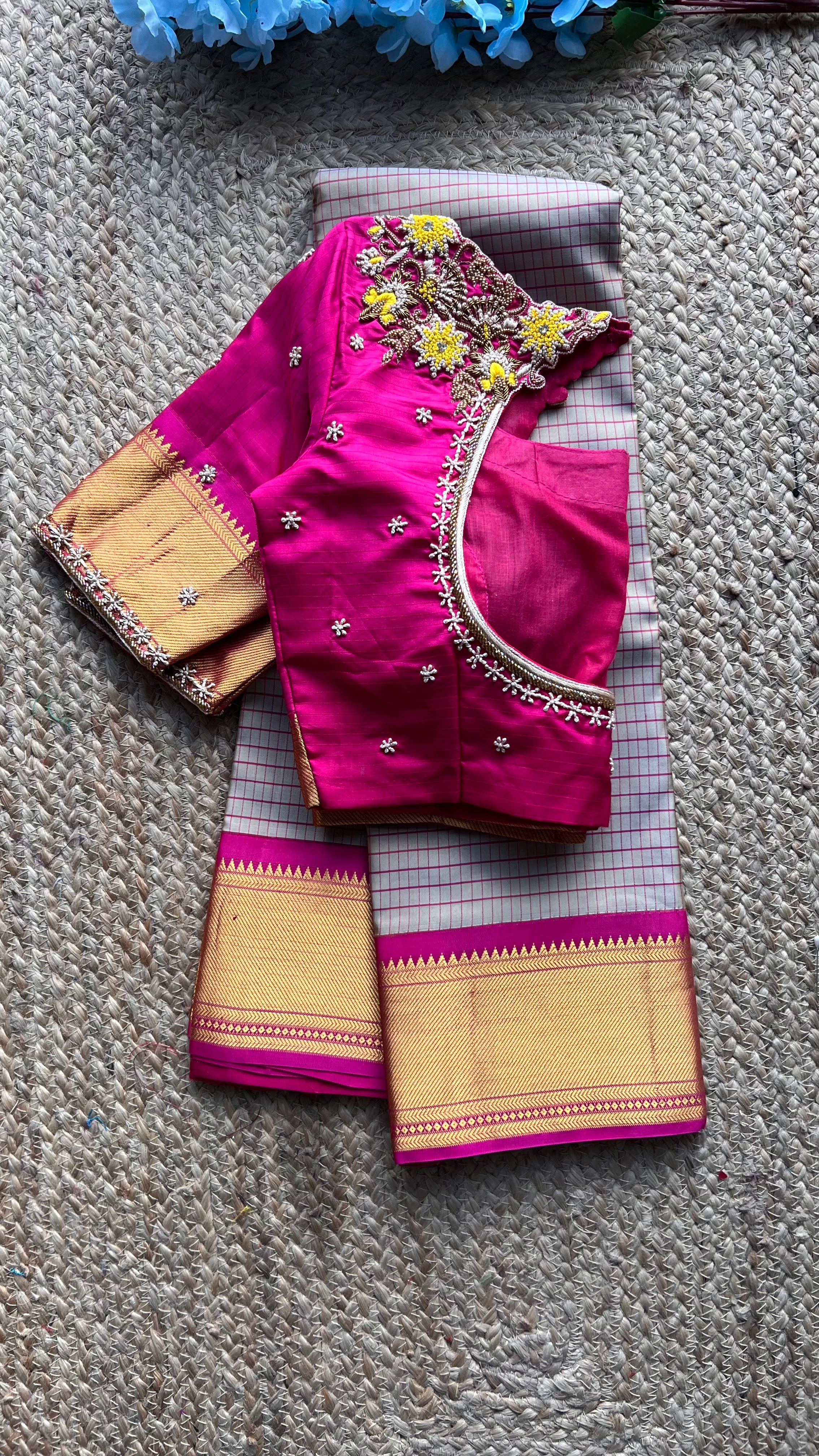 Beige and Pink kanchipuram silk saree with hand worked blouse - Threads