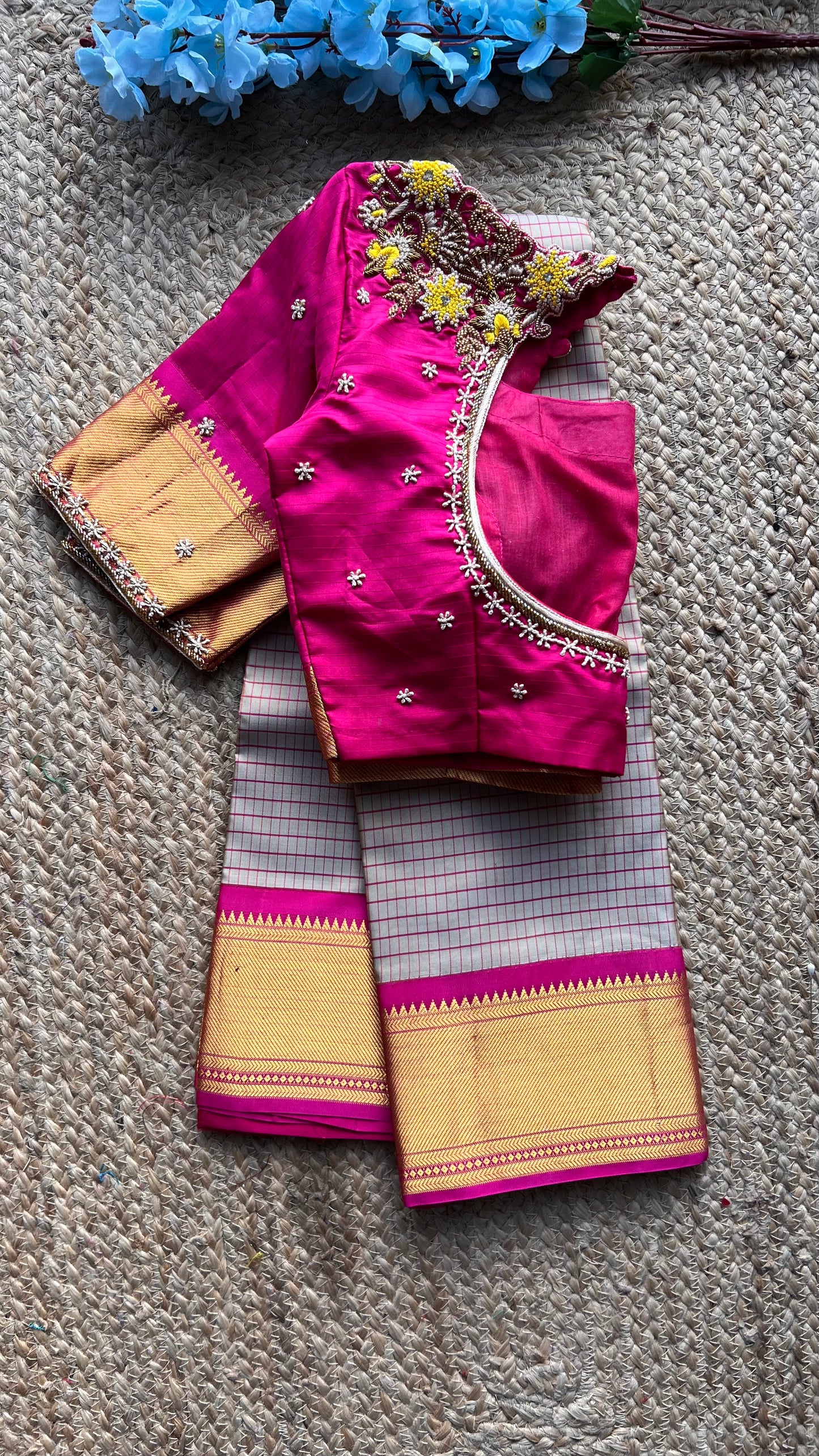 Beige and Pink kanchipuram silk saree with hand worked blouse - Threads