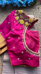 Beige and Pink kanchipuram silk saree with hand worked blouse - Threads