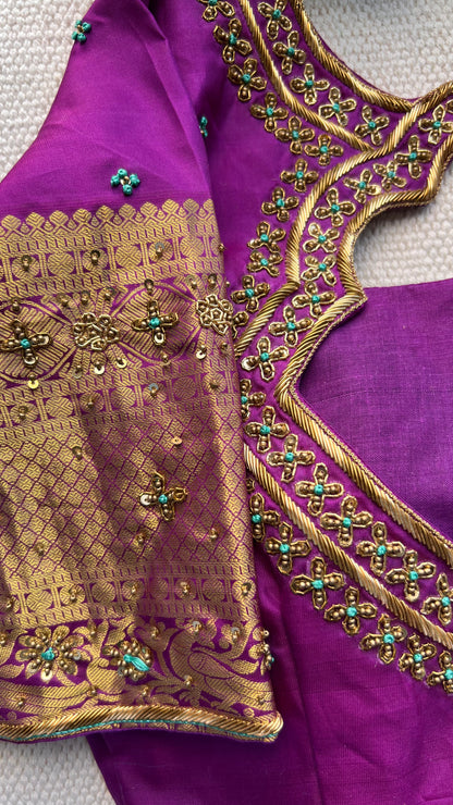 Sea blue and purple kanchipuram silk saree with hand worked blouse ...