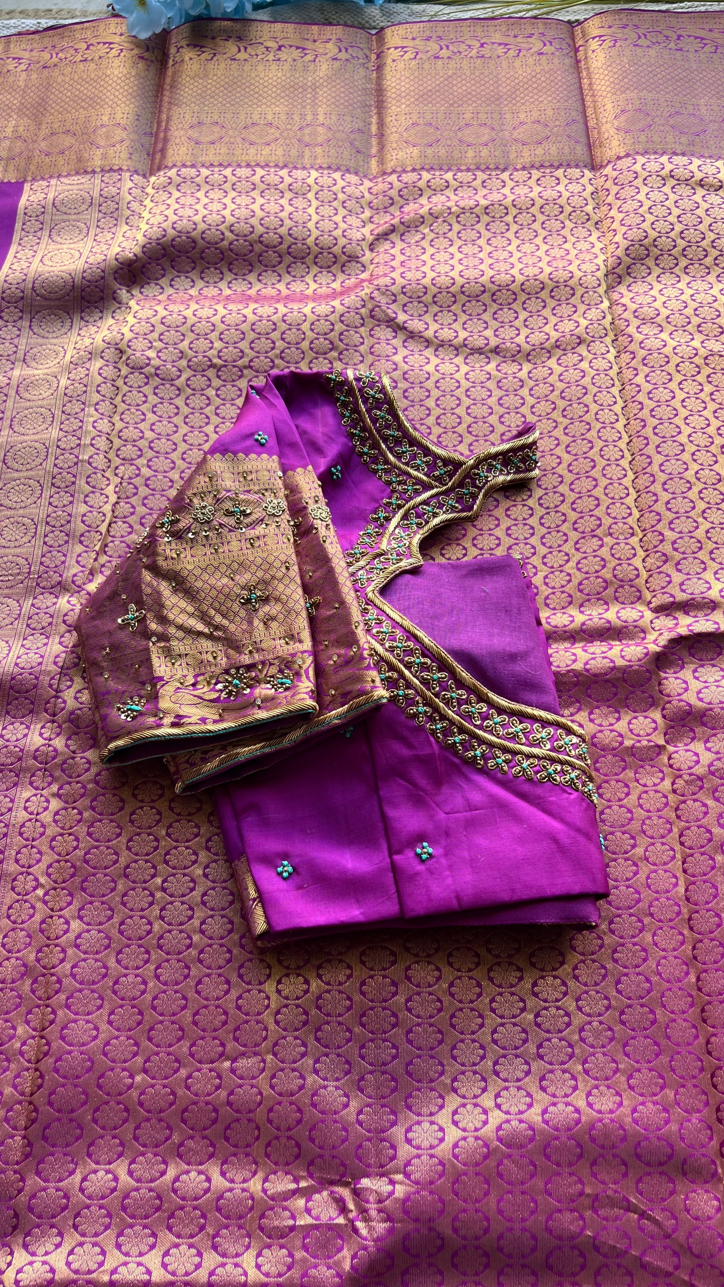 Sea blue and purple kanchipuram silk saree with hand worked blouse - Threads