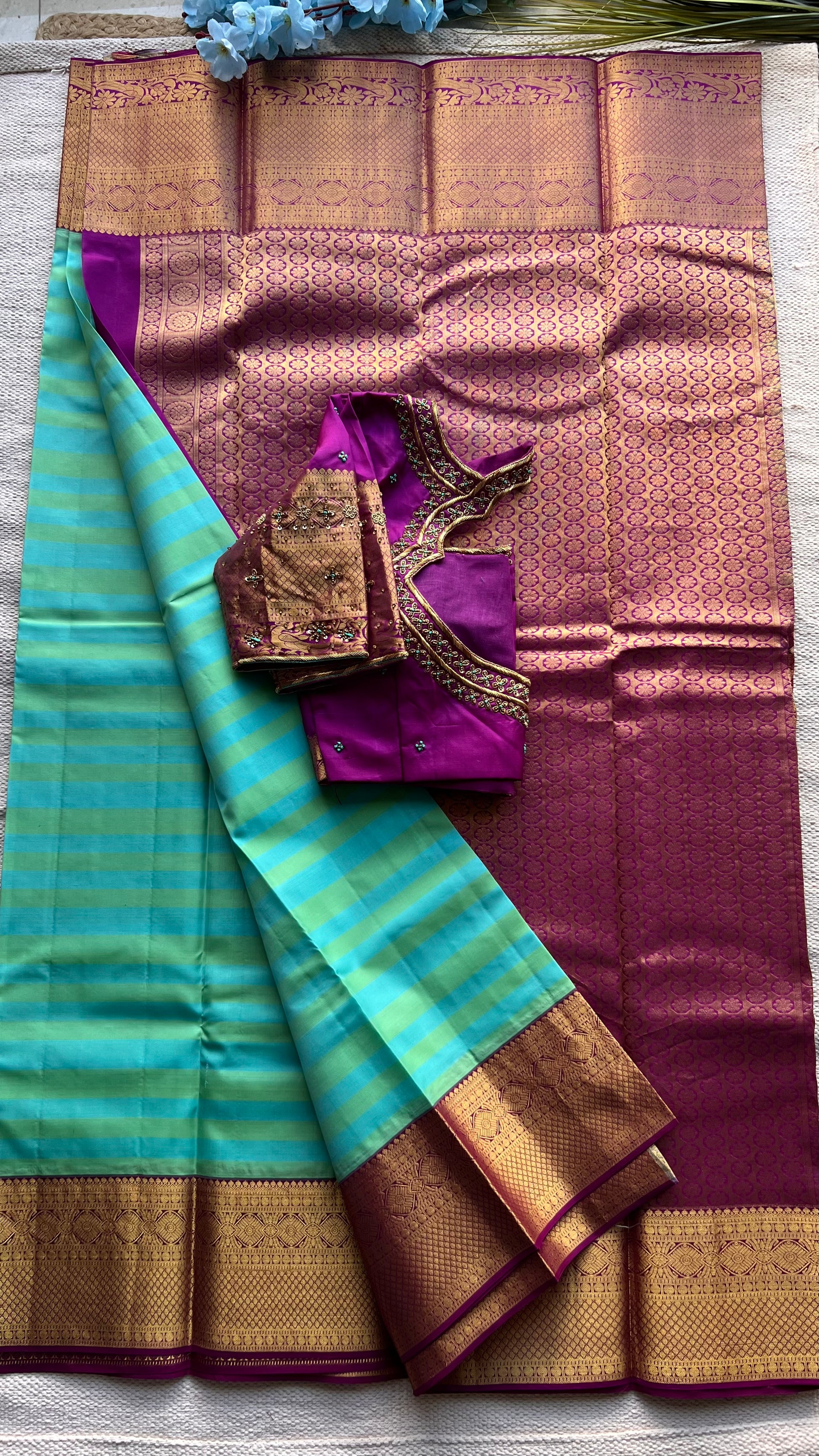 Sea blue and purple kanchipuram silk saree with hand worked blouse - Threads